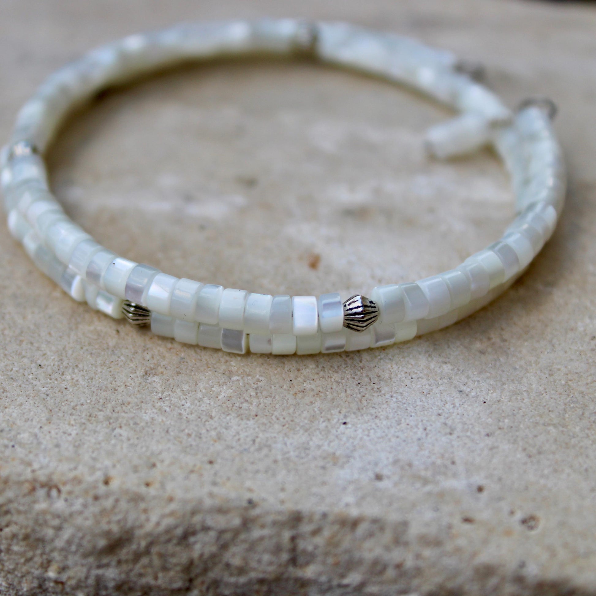 Mother of Pearl Bracelet, Double Wrap Carbon Steel Memory Wire Bracelet, Gemstone Charm Bracelet, Stretch Bracelet