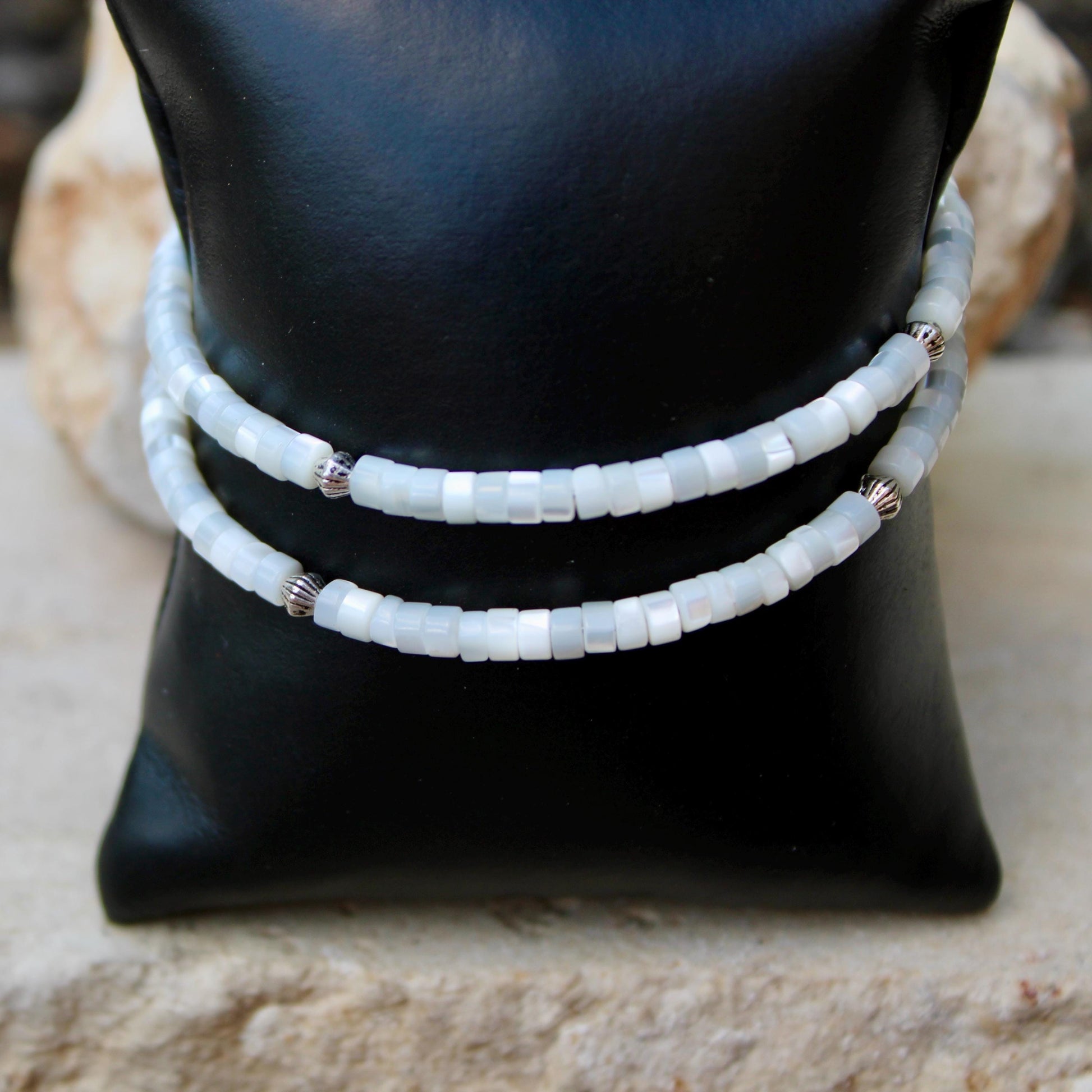 Mother of Pearl Bracelet, Double Wrap Carbon Steel Memory Wire Bracelet, Gemstone Charm Bracelet, Stretch Bracelet