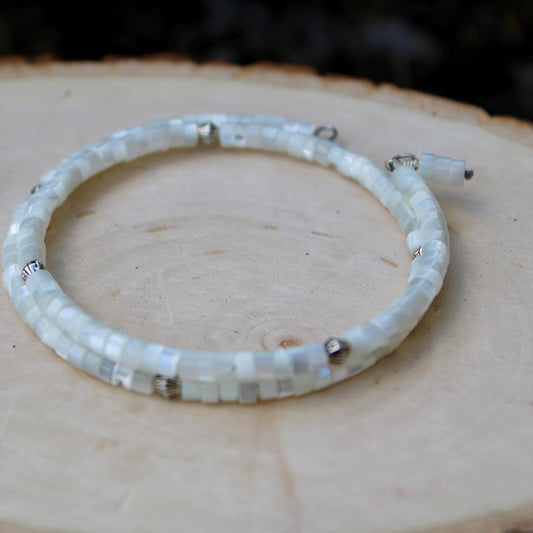 Mother of Pearl Bracelet, Double Wrap Carbon Steel Memory Wire Bracelet, Gemstone Charm Bracelet, Stretch Bracelet