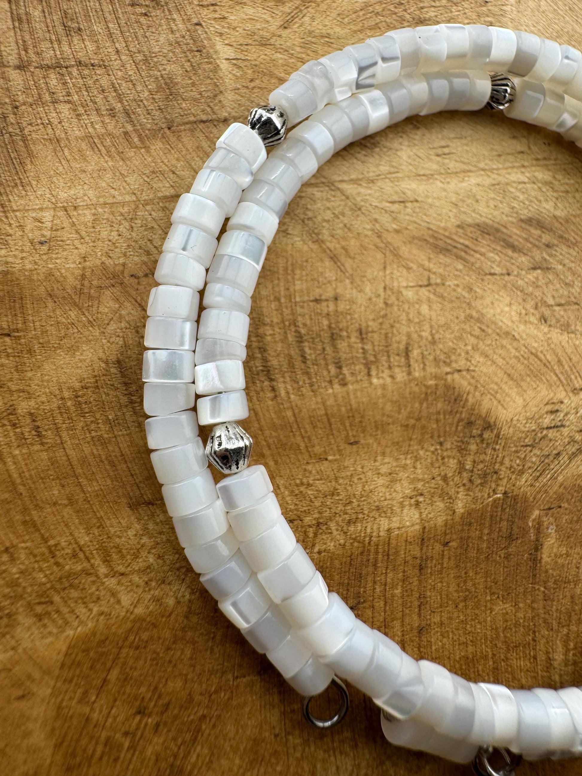 Mother of Pearl Bracelet, Double Wrap Carbon Steel Memory Wire Bracelet, Gemstone Charm Bracelet, Stretch Bracelet