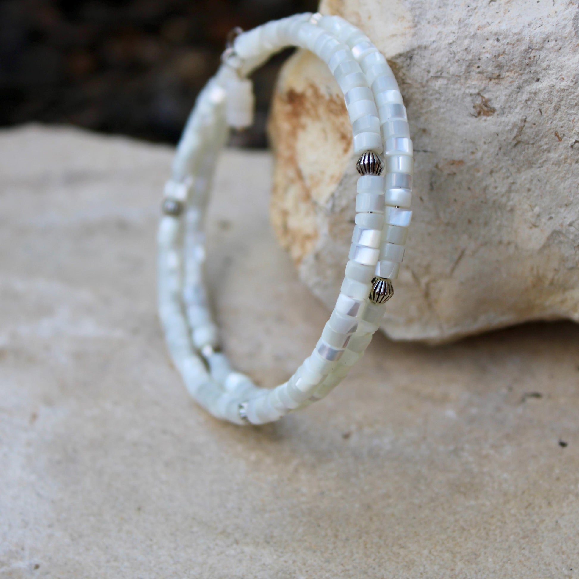 Mother of Pearl Bracelet, Double Wrap Carbon Steel Memory Wire Bracelet, Gemstone Charm Bracelet, Stretch Bracelet