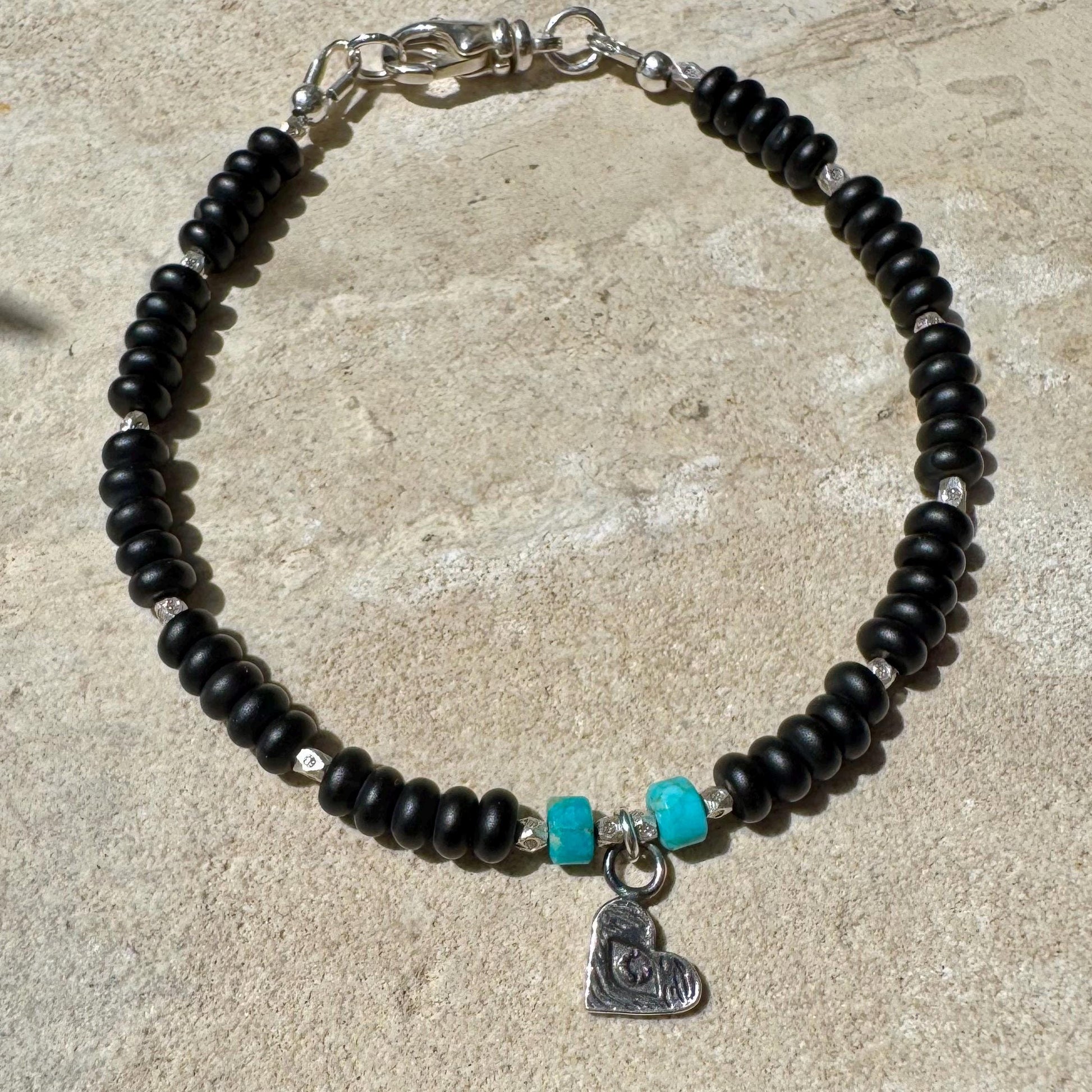 Sterling Silver Black Onyx Turqoise Bracelet, Gemstone Charm Bracelet, Heart Eye Charm Bracelet, Unisex Onyx Bracelet