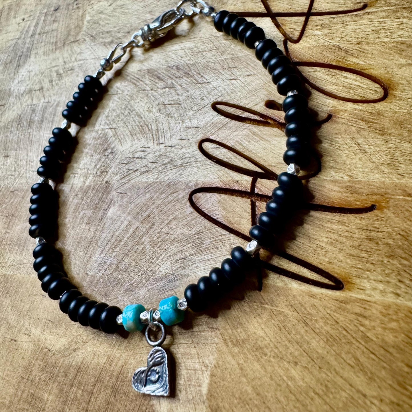 Sterling Silver Black Onyx Turqoise Bracelet, Gemstone Charm Bracelet, Heart Eye Charm Bracelet, Unisex Onyx Bracelet