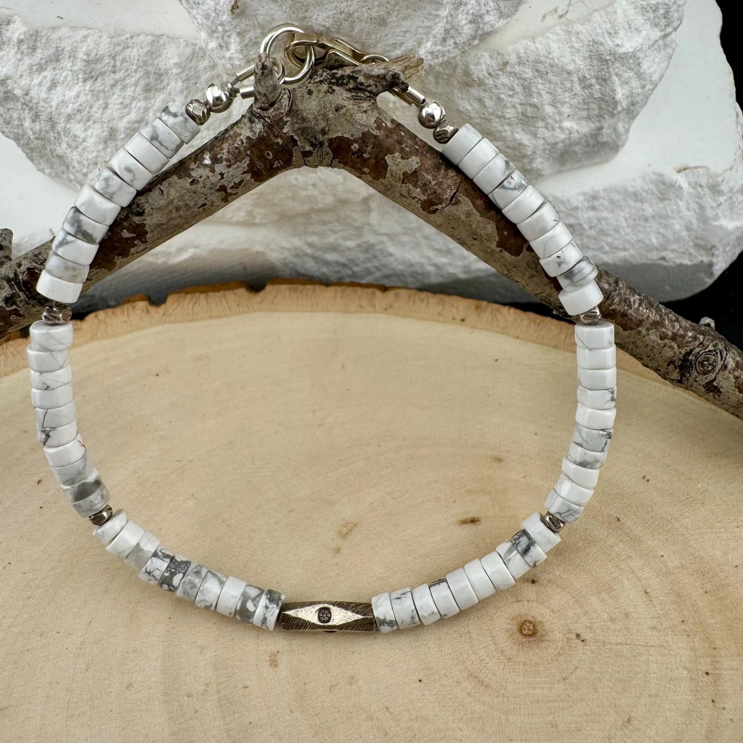 White Howlite Bracelet, Sterling Silver Gemstone Bracelet