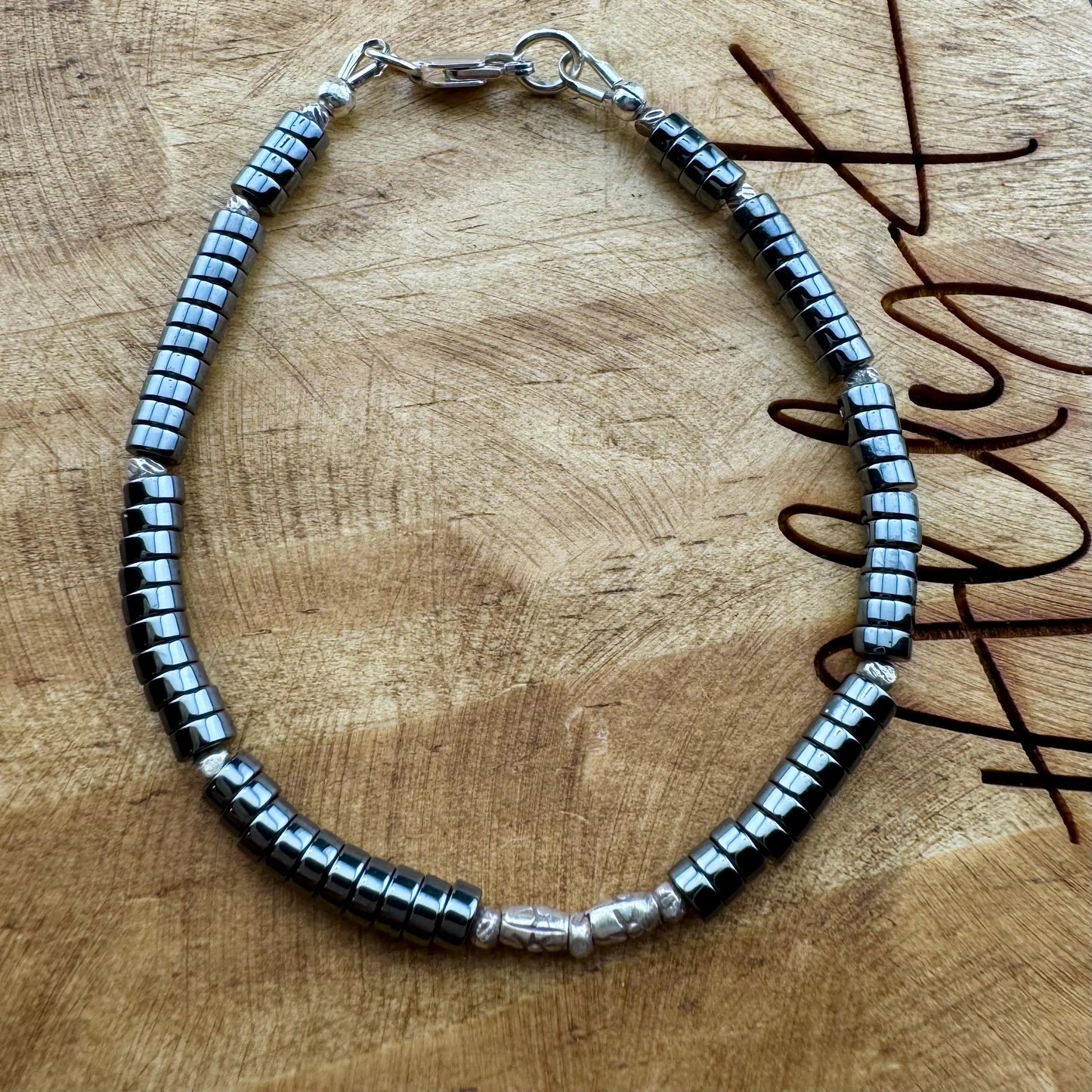 Hematite Beaded Bracelet, Sterling Silver Gemstone Bracelet, Unisex Bracelet