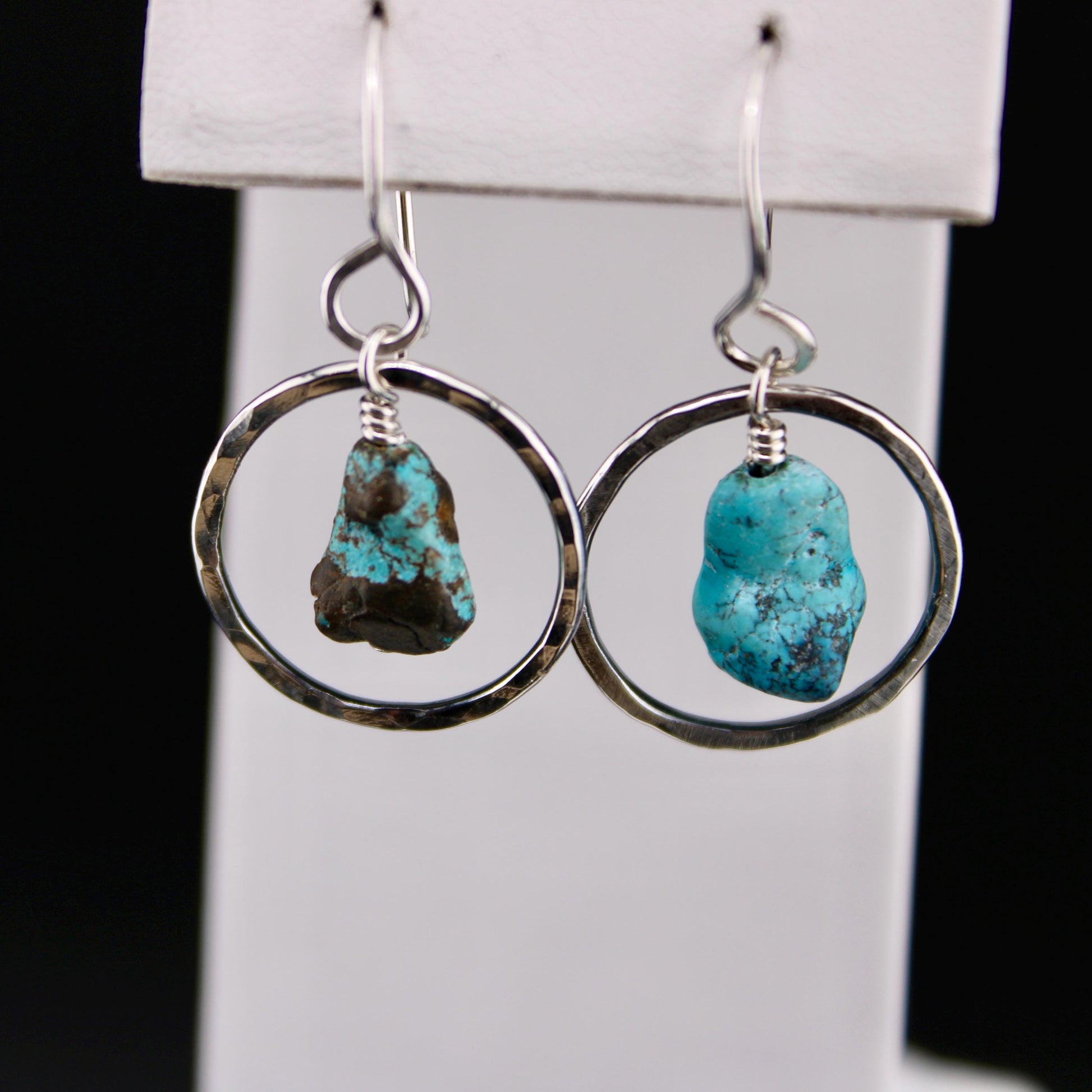 Raw Turquoise Pebble Nugget Earrings on Sterling Silver Circles, Turquoise Jewelry