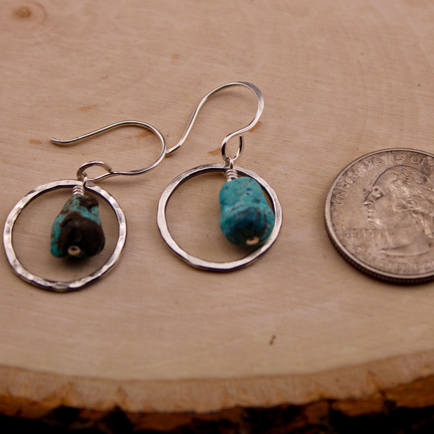 Raw Turquoise Pebble Nugget Earrings on Sterling Silver Circles, Turquoise Jewelry