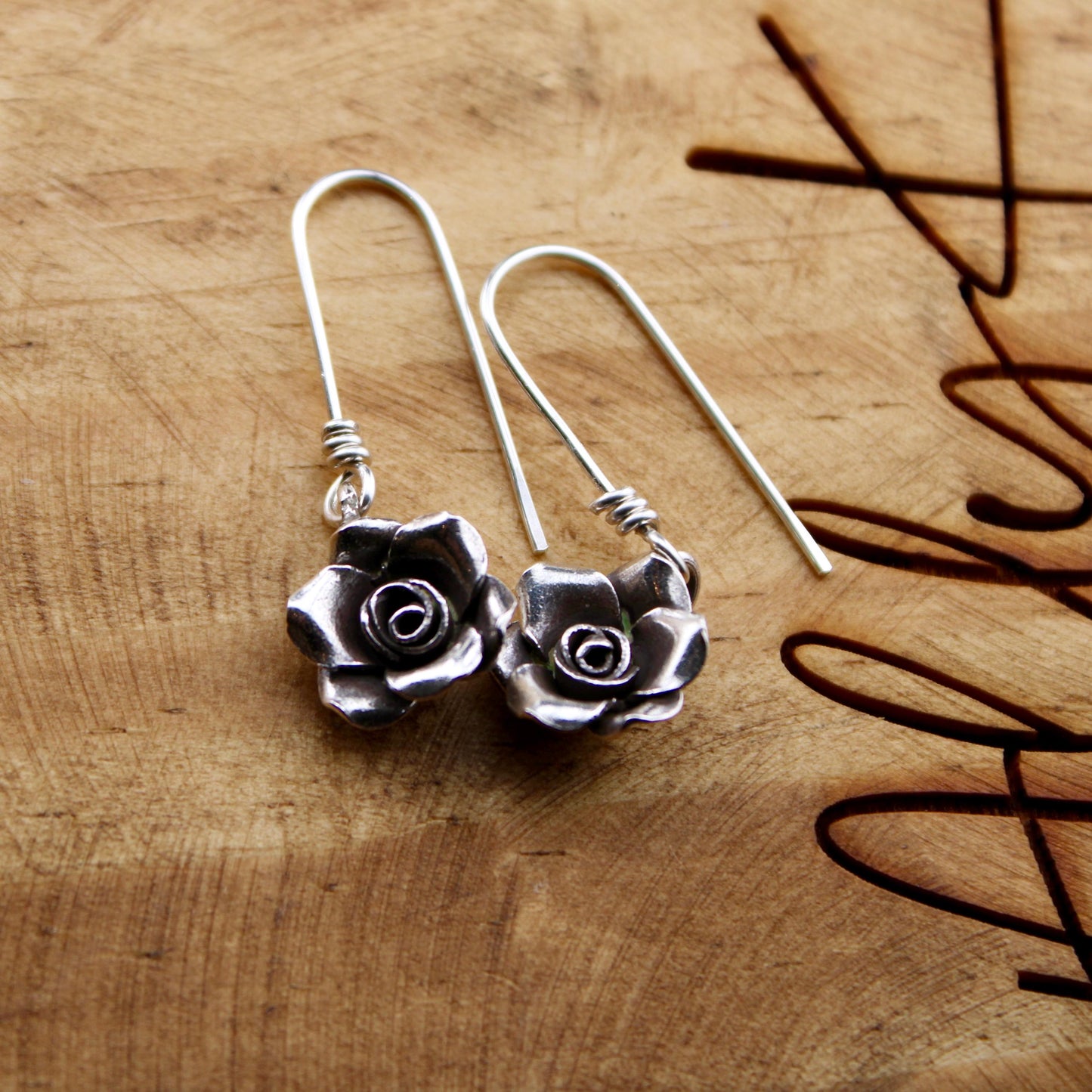 Sterling Silver Rose Charm Dangle Earrings, Star Drop Earrings, Silver Rose Earrings, Flower Jewelry