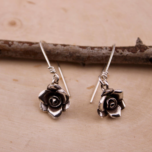 Sterling Silver Rose Charm Dangle Earrings, Star Drop Earrings, Silver Rose Earrings, Flower Jewelry