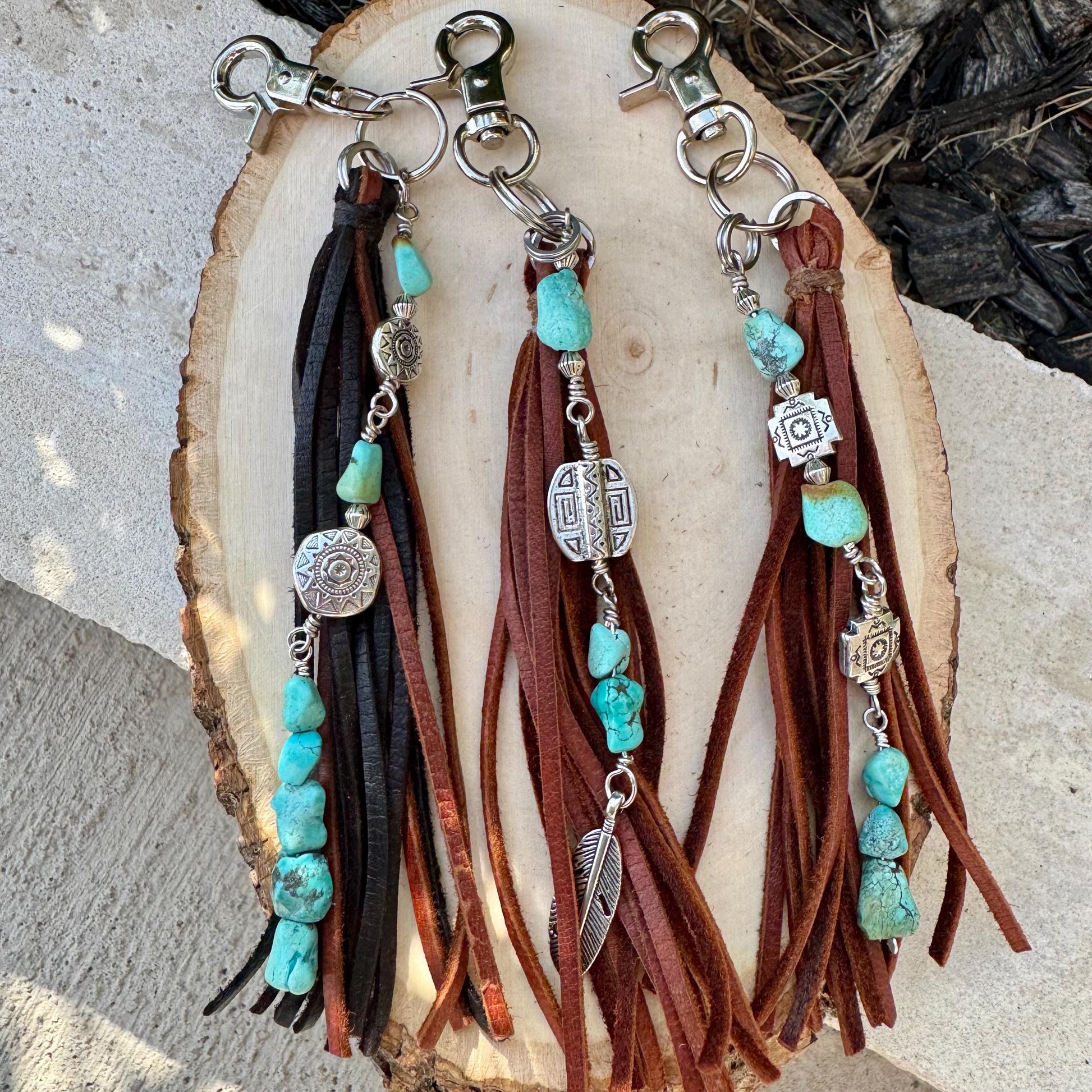 Tribal Sun Charm, Raw Turquoise Pebble Stone Purse Tassel, Southwestern Tassel, Turquoise Keychain, Leather Handbag Accessory