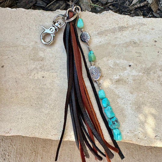 Tribal Sun Charm, Raw Turquoise Pebble Stone Purse Tassel, Southwestern Tassel, Turquoise Keychain, Leather Handbag Accessory