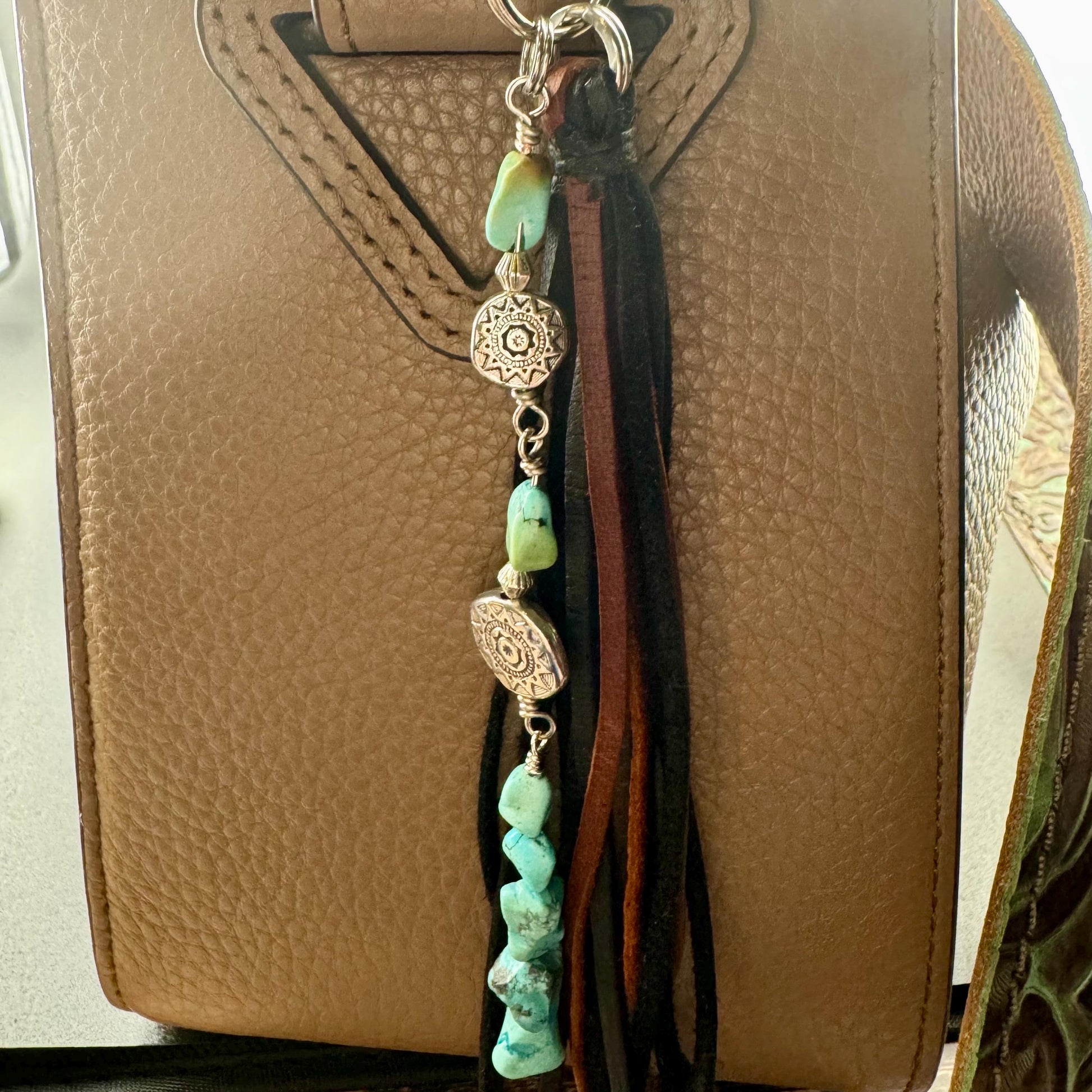 Tribal Sun Charm, Raw Turquoise Pebble Stone Purse Tassel, Southwestern Tassel, Turquoise Keychain, Leather Handbag Accessory