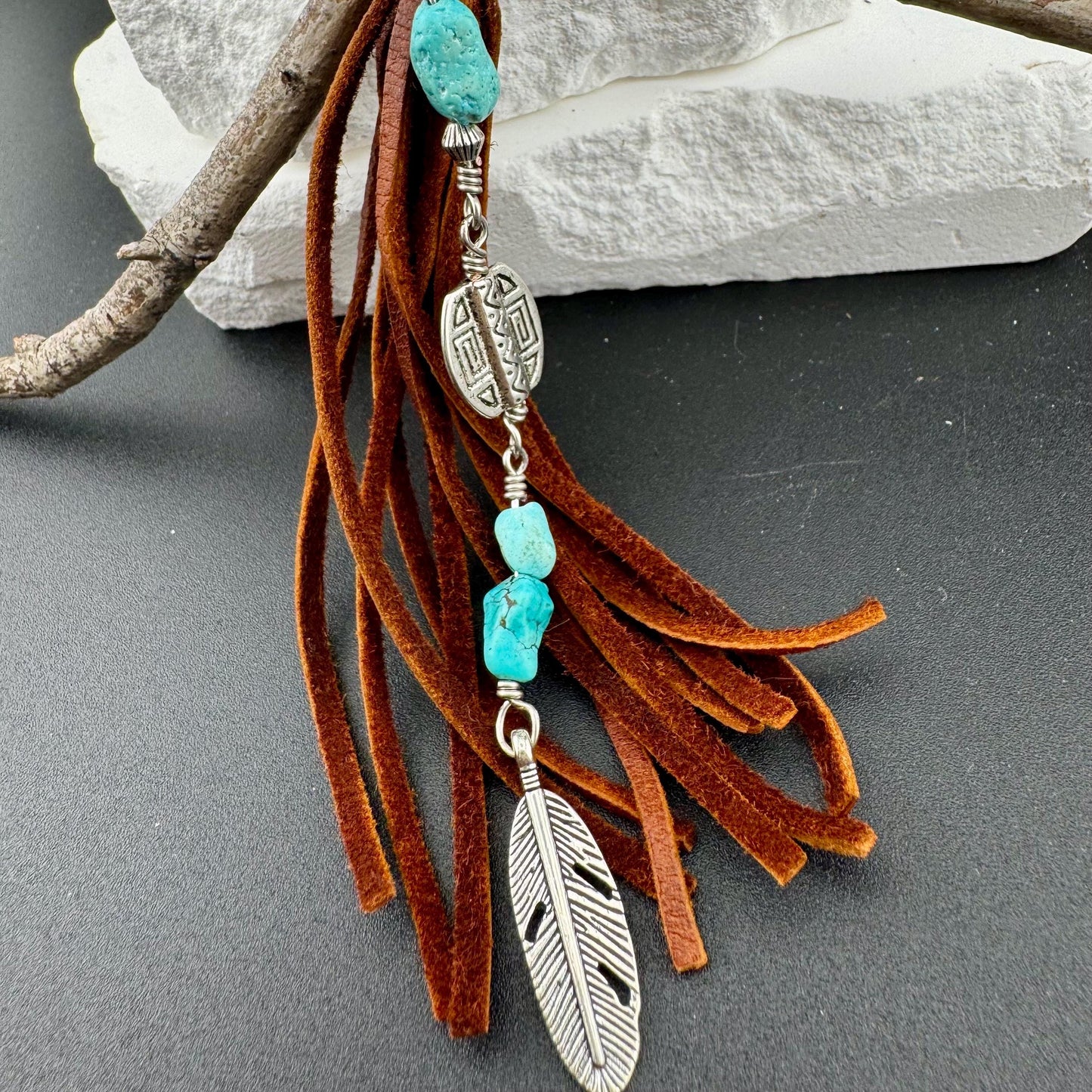 Tribal Oval Charm, Raw Turquoise Pebble Stone Purse Tassel, Southwestern Tassel, Turquoise Keychain, Leather Handbag Accessory