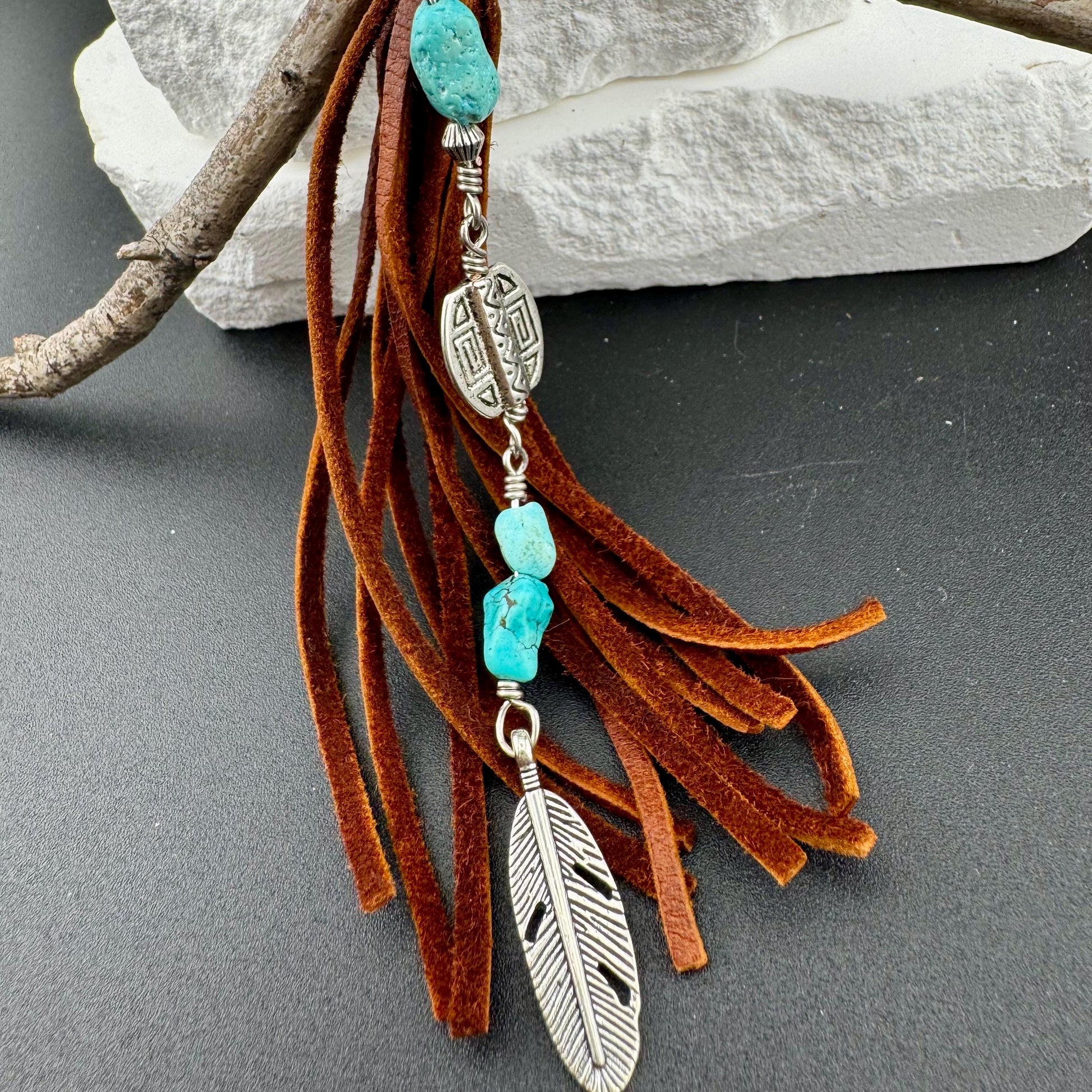 Tribal Oval Charm, Raw Turquoise Pebble Stone Purse Tassel, Southwestern Tassel, Turquoise Keychain, Leather Handbag Accessory