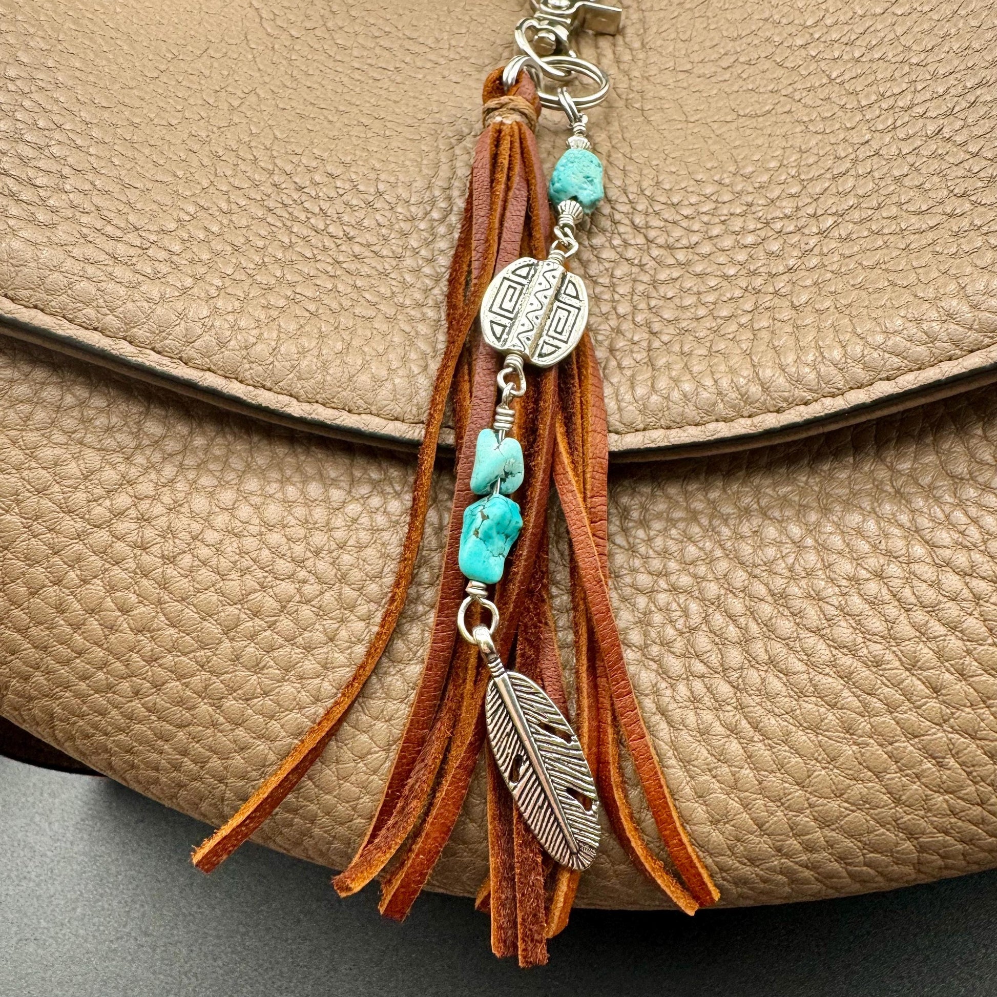 Tribal Oval Charm, Raw Turquoise Pebble Stone Purse Tassel, Southwestern Tassel, Turquoise Keychain, Leather Handbag Accessory