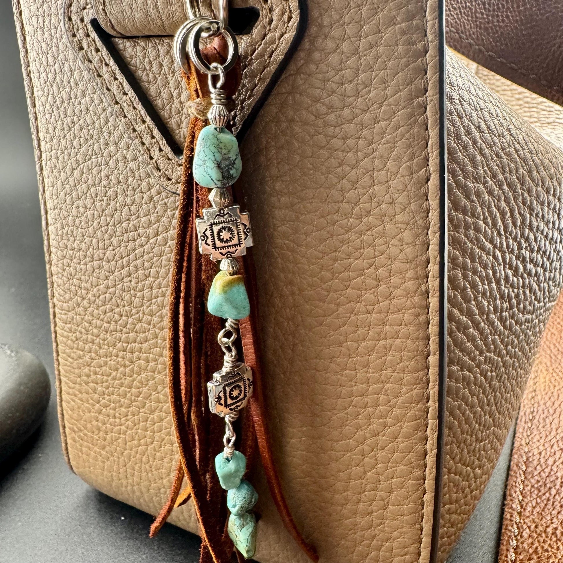 Tribal Cross Charm Purse Tassel, Raw Turquoise Pebble Stone Purse Tassel, Southwestern Turquoise Tassel, Leather Handbag Accessory