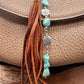 Tribal Cross Charm Purse Tassel, Raw Turquoise Pebble Stone Purse Tassel, Southwestern Turquoise Tassel, Leather Handbag Accessory