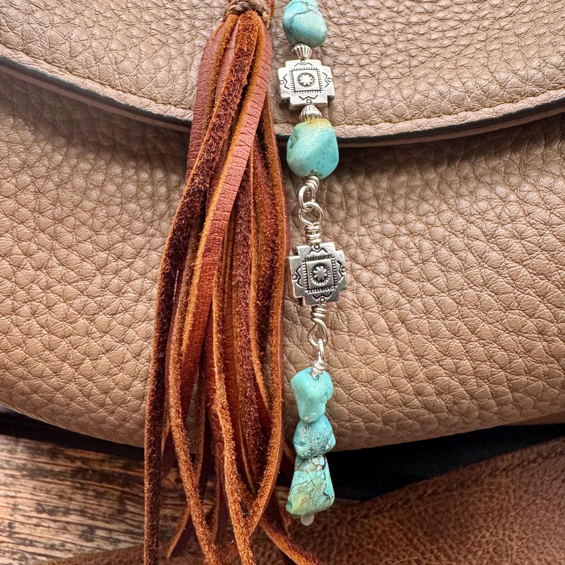 Tribal Cross Charm Purse Tassel, Raw Turquoise Pebble Stone Purse Tassel, Southwestern Turquoise Tassel, Leather Handbag Accessory