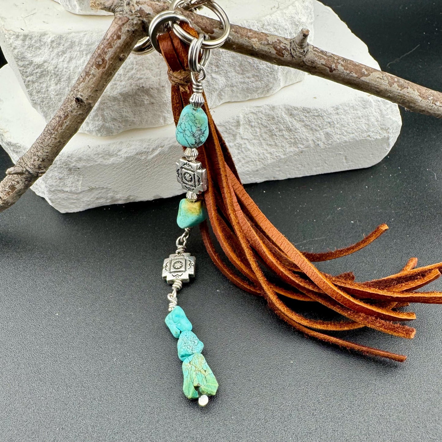 Tribal Cross Charm Purse Tassel, Raw Turquoise Pebble Stone Purse Tassel, Southwestern Turquoise Tassel, Leather Handbag Accessory