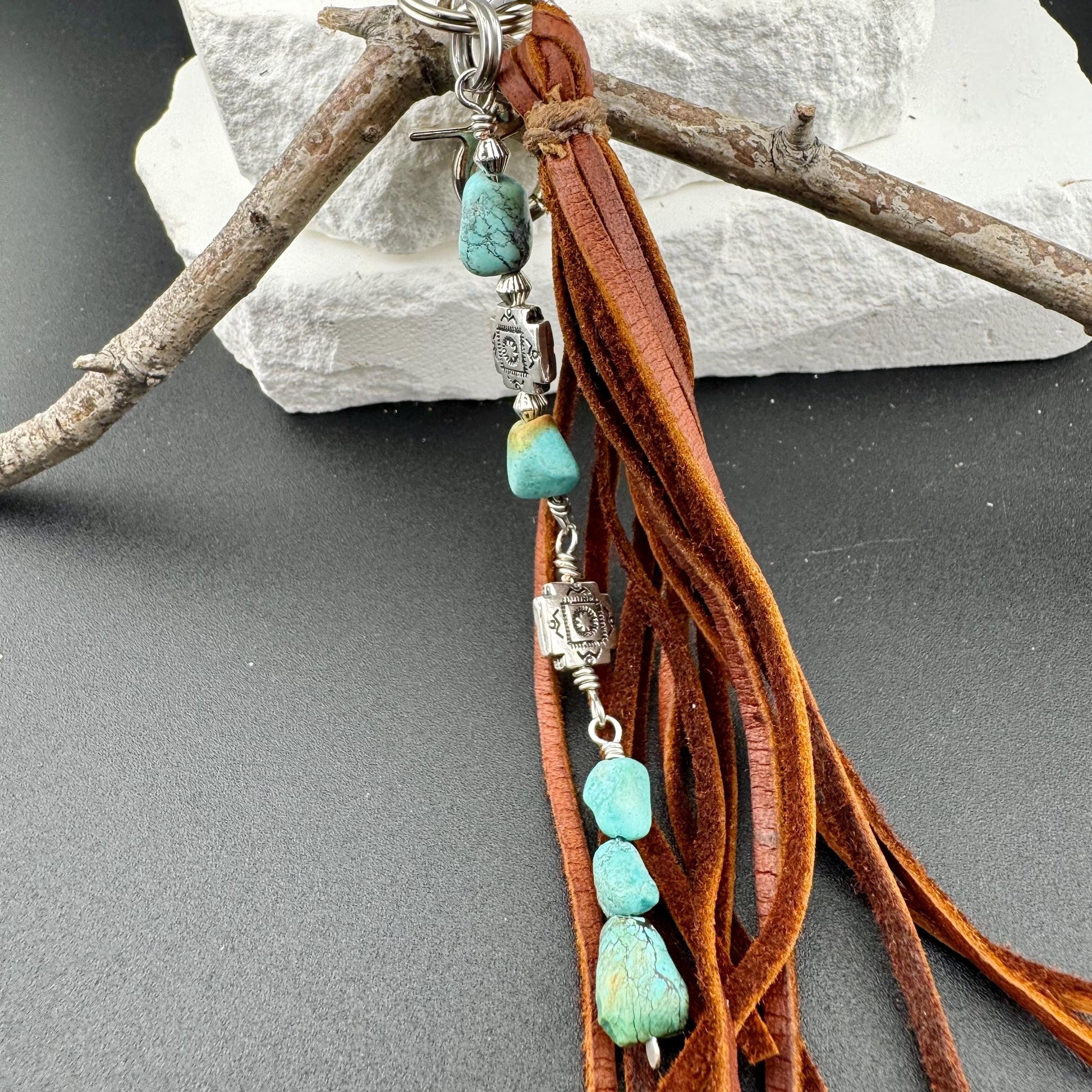 Tribal Cross Charm Purse Tassel, Raw Turquoise Pebble Stone Purse Tassel, Southwestern Turquoise Tassel, Leather Handbag Accessory