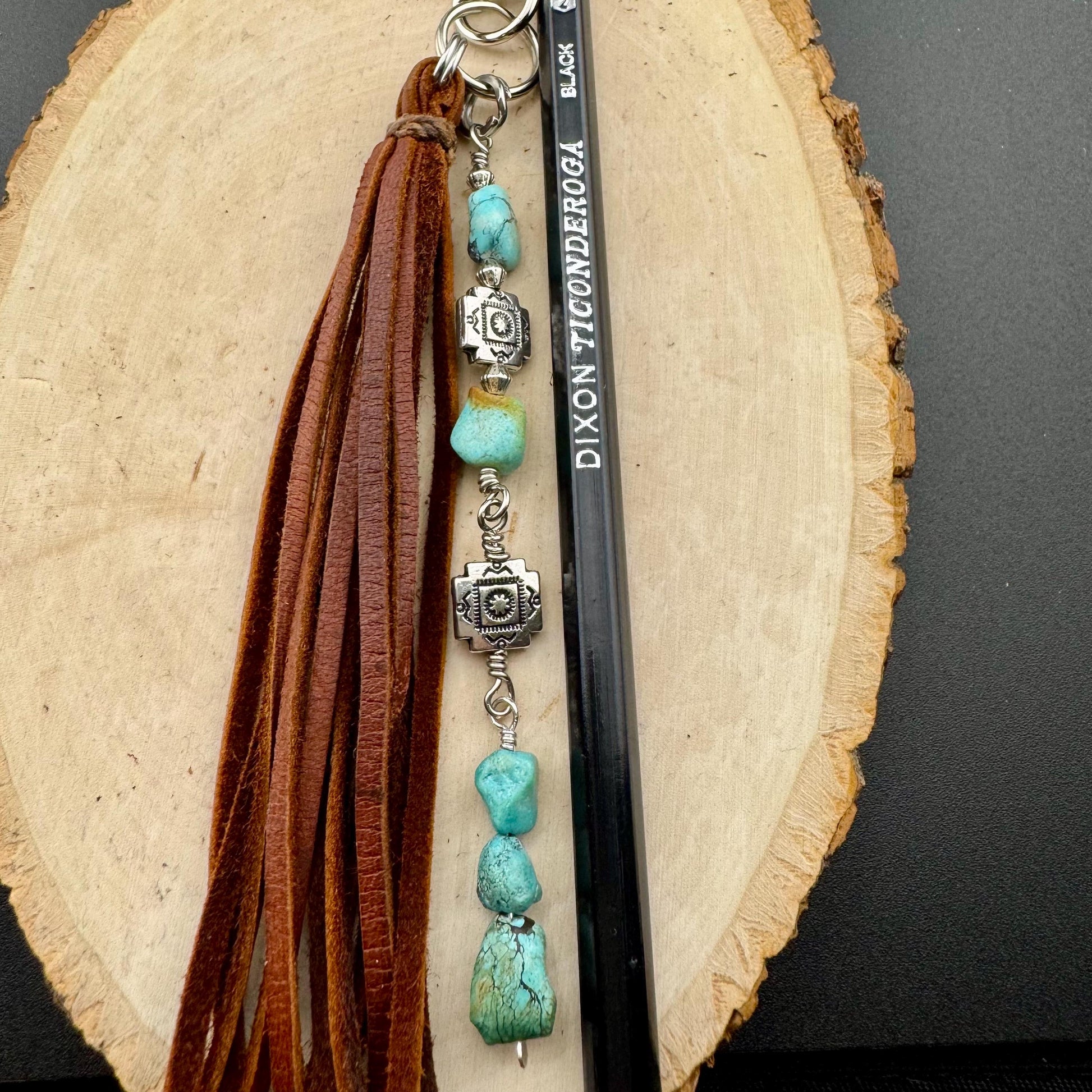 Tribal Cross Charm Purse Tassel, Raw Turquoise Pebble Stone Purse Tassel, Southwestern Turquoise Tassel, Leather Handbag Accessory