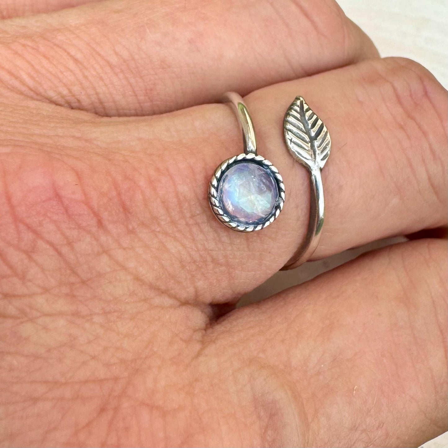 Sterling Silver Rainbow Moonstone Ring, Open Adjustable Ring, Leaf Accent Jewelry, Unique Gemstone Gift