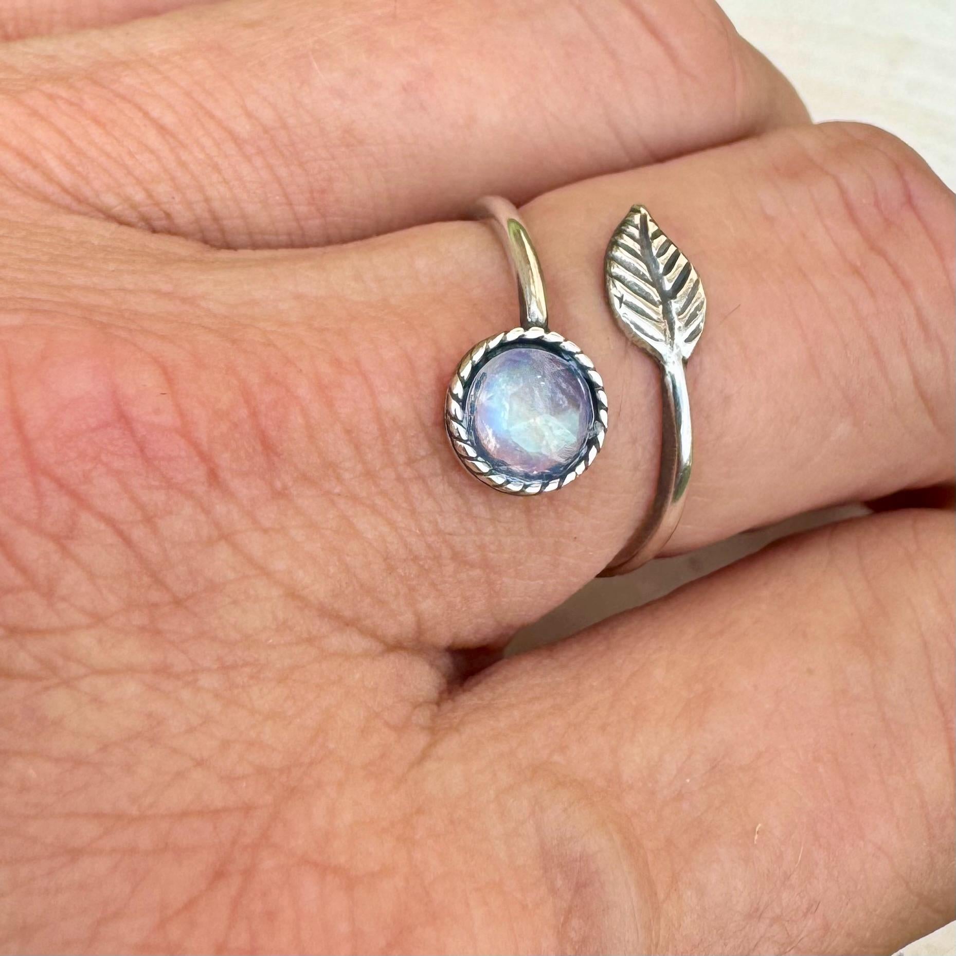 Sterling Silver Rainbow Moonstone Ring, Open Adjustable Ring, Leaf Accent Jewelry, Unique Gemstone Gift