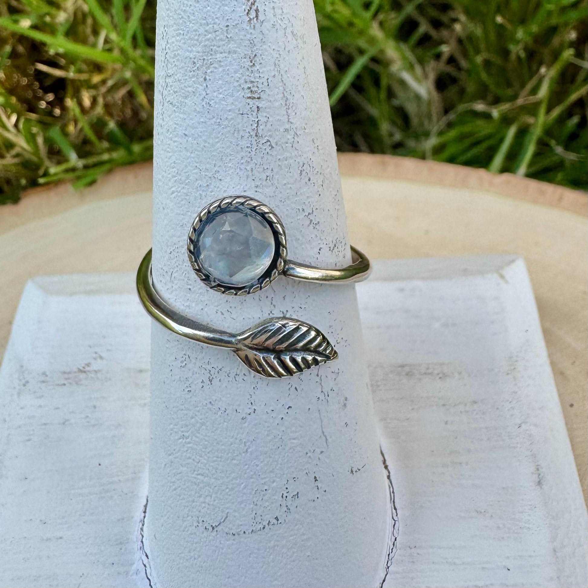 Sterling Silver Rainbow Moonstone Ring, Open Adjustable Ring, Leaf Accent Jewelry, Unique Gemstone Gift