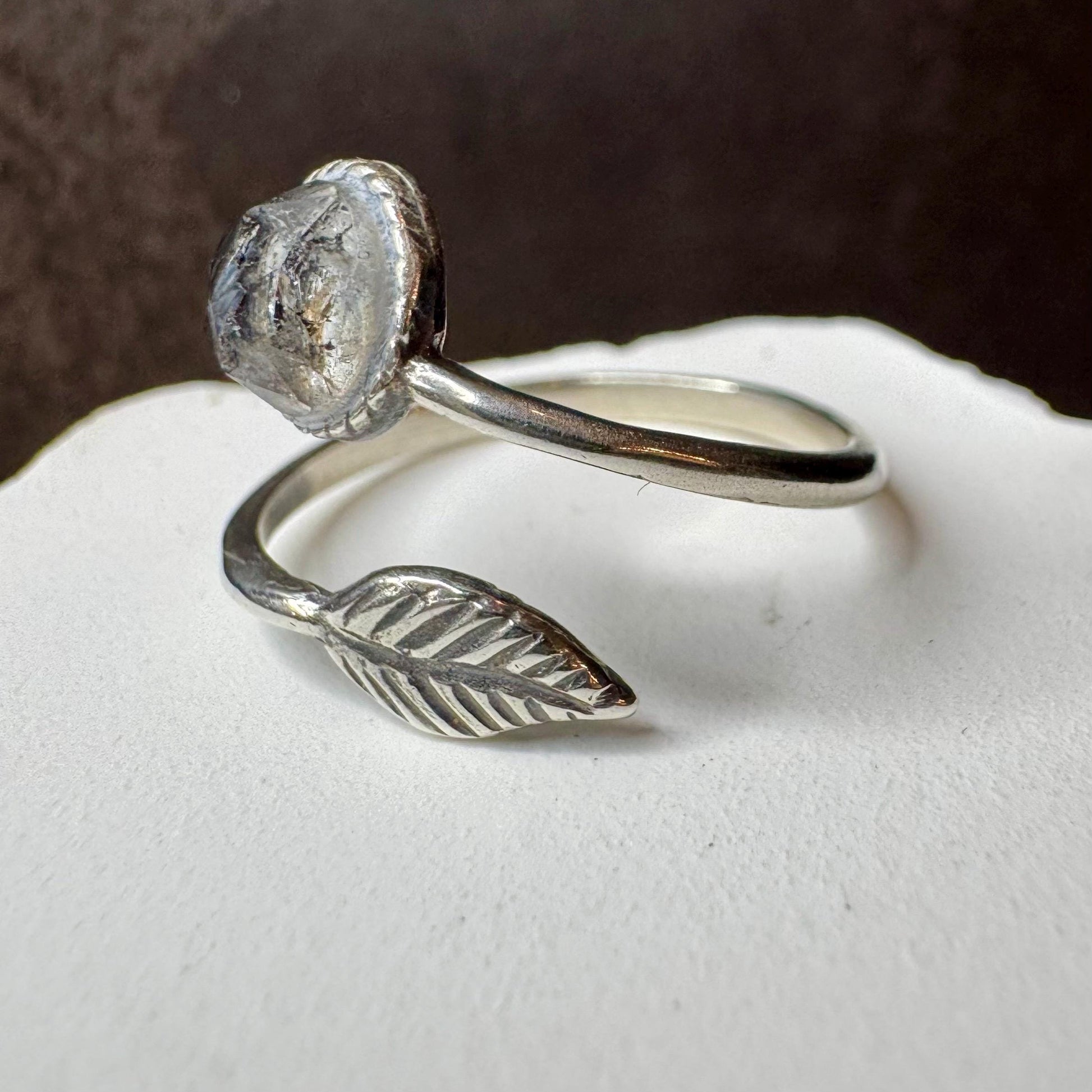 Sterling Silver Open Bezel Black Herkimer Gemstone Ring, Adjustable Leaf Accent Ring, Gemstone Jewelry, Gift for Her