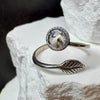 Sterling Silver Open Bezel Black Herkimer Gemstone Ring, Adjustable Leaf Accent Ring, Gemstone Jewelry, Gift for Her