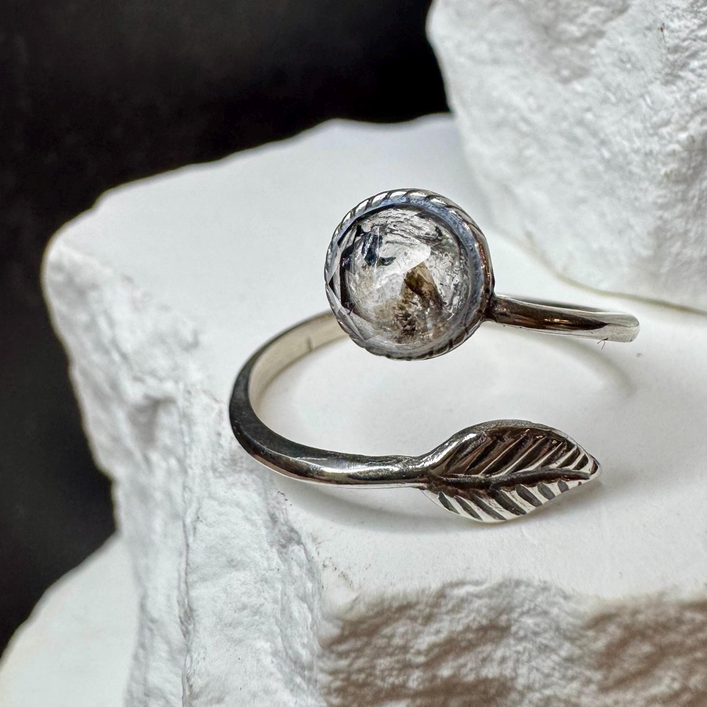 Sterling Silver Open Bezel Black Herkimer Gemstone Ring, Adjustable Leaf Accent Ring, Gemstone Jewelry, Gift for Her