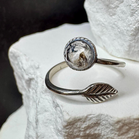 Sterling Silver Open Bezel Black Herkimer Gemstone Ring, Adjustable Leaf Accent Ring, Gemstone Jewelry, Gift for Her