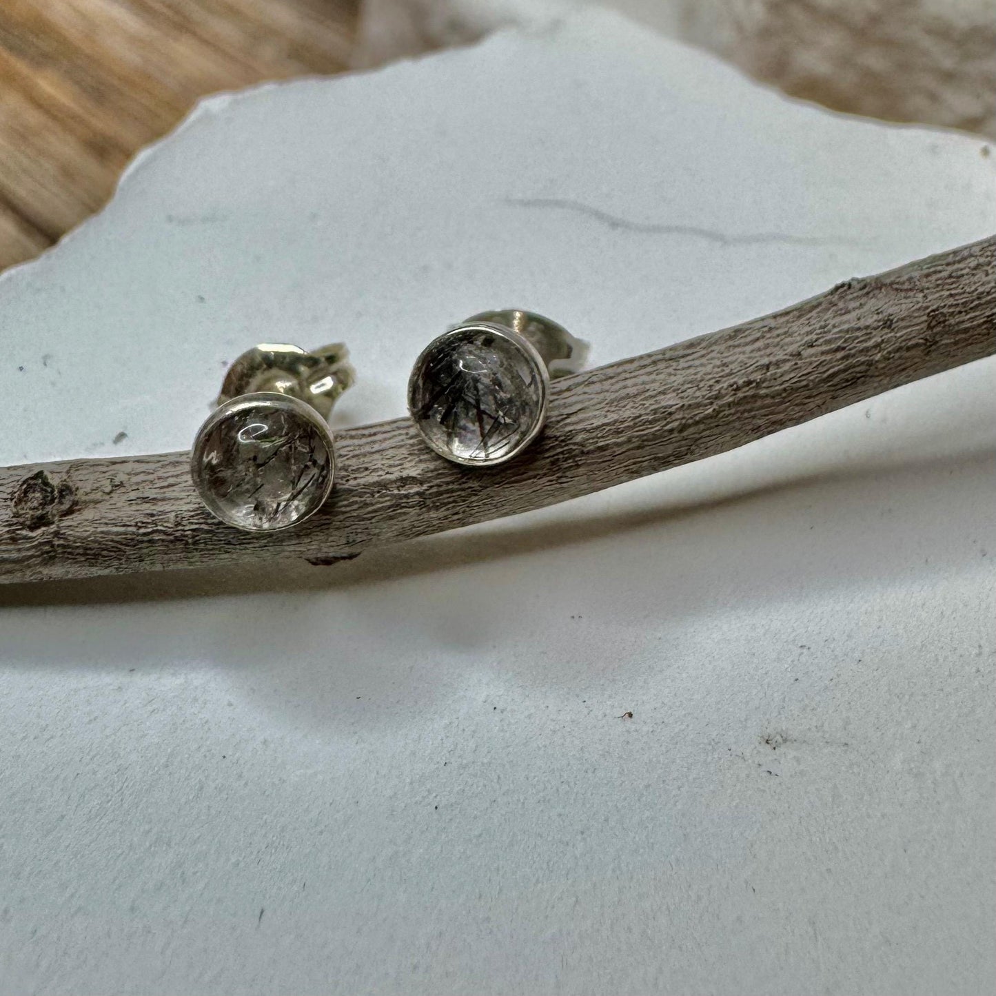 Rutilated Quartz Stud Earrings, Tiny Sterling Silver Post Earrings, Minimalist Jewelry, Gift for Her, Dainty Earrings