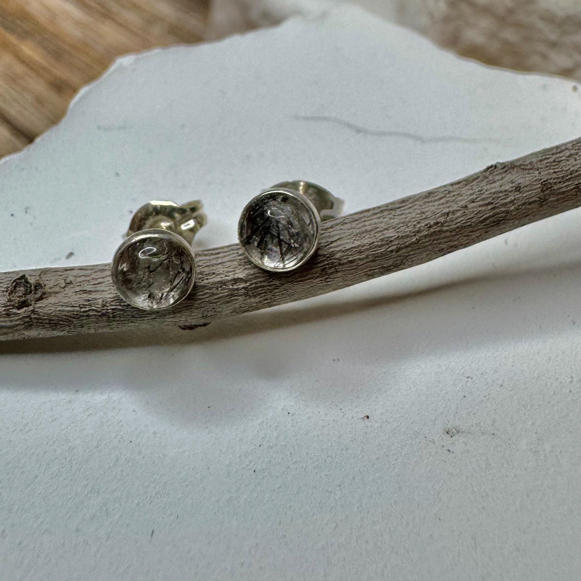 Rutilated Quartz Stud Earrings, Tiny Sterling Silver Post Earrings, Minimalist Jewelry, Gift for Her, Dainty Earrings