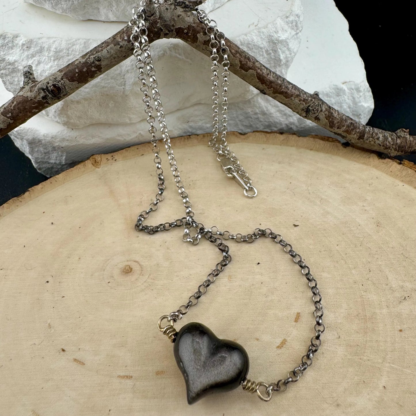 Silver Obsidian Heart Necklace • 16mm Puffy Gemstone • Sterling Rolo Chain