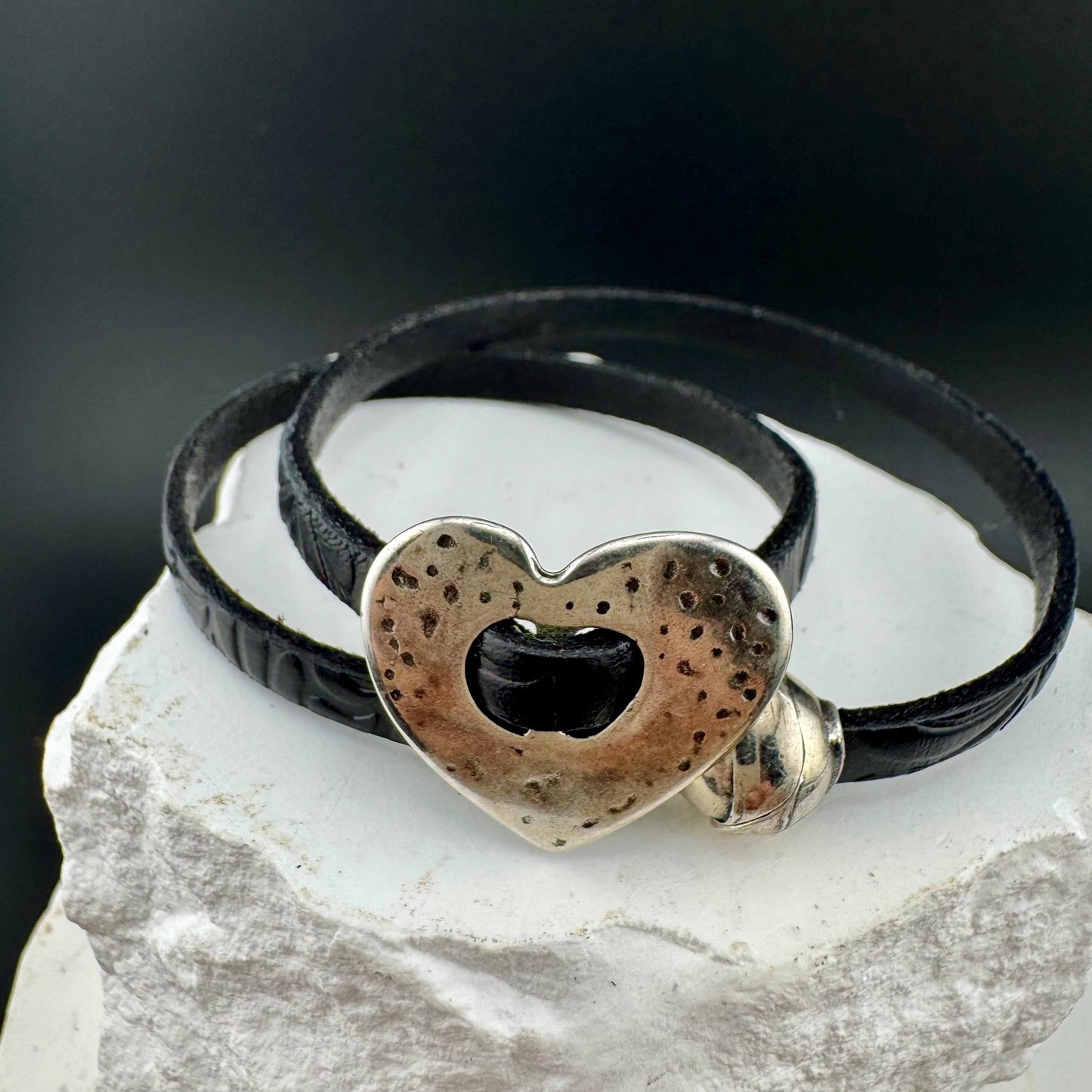 Leather Wrap Bracelet • Embossed Design • Silver Heart • Magnetic Clasp