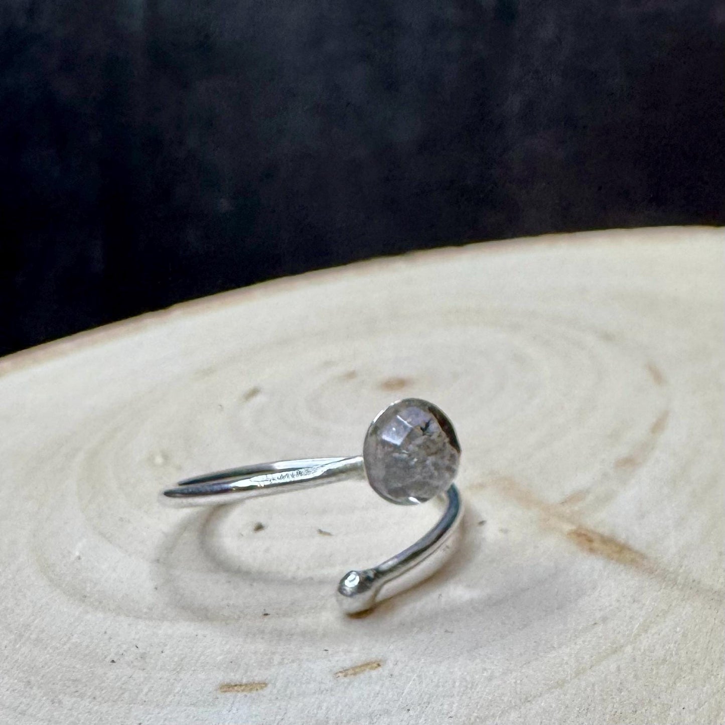 Sterling Silver Open Bezel Black Herkimer Diamond Gemstone Ring, Adjustable Accent Ring, Gemstone Jewelry, Gift for her, Elegant Accessory
