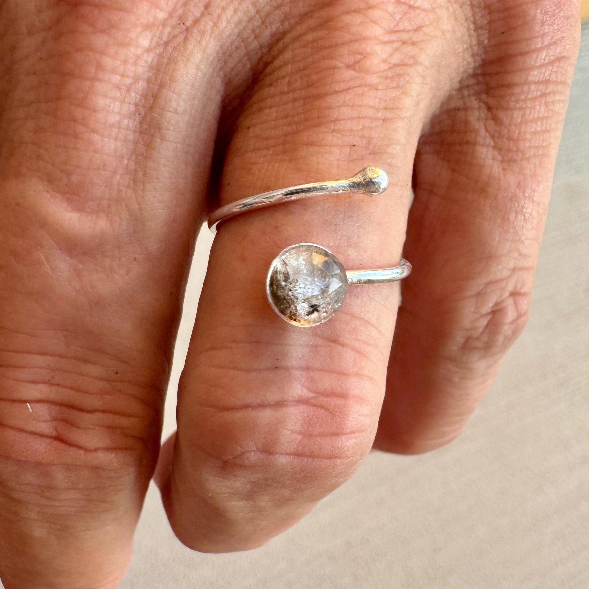 Sterling Silver Open Bezel Black Herkimer Diamond Gemstone Ring, Adjustable Accent Ring, Gemstone Jewelry, Gift for her, Elegant Accessory