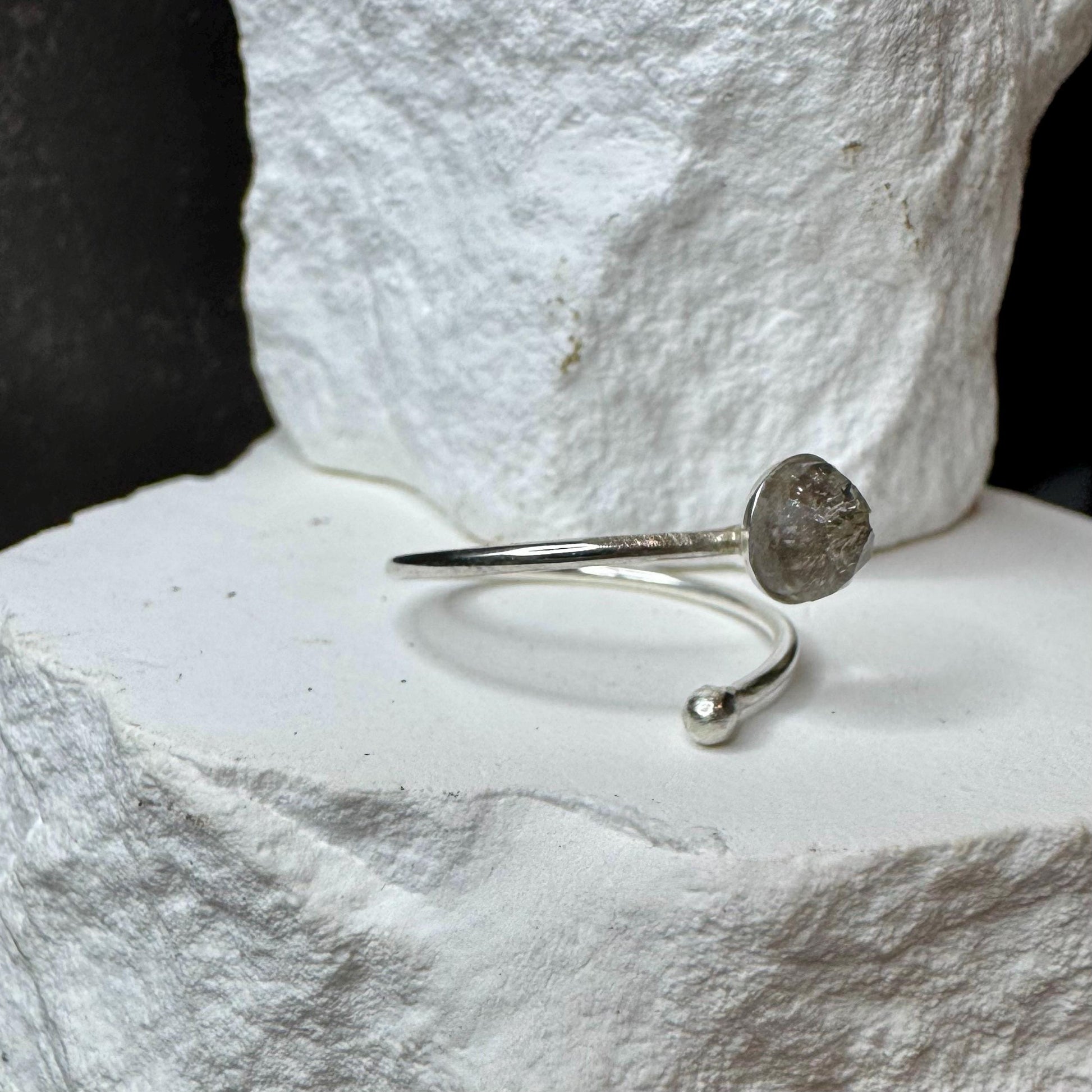 Sterling Silver Open Bezel Black Herkimer Diamond Gemstone Ring, Adjustable Accent Ring, Gemstone Jewelry, Gift for her, Elegant Accessory
