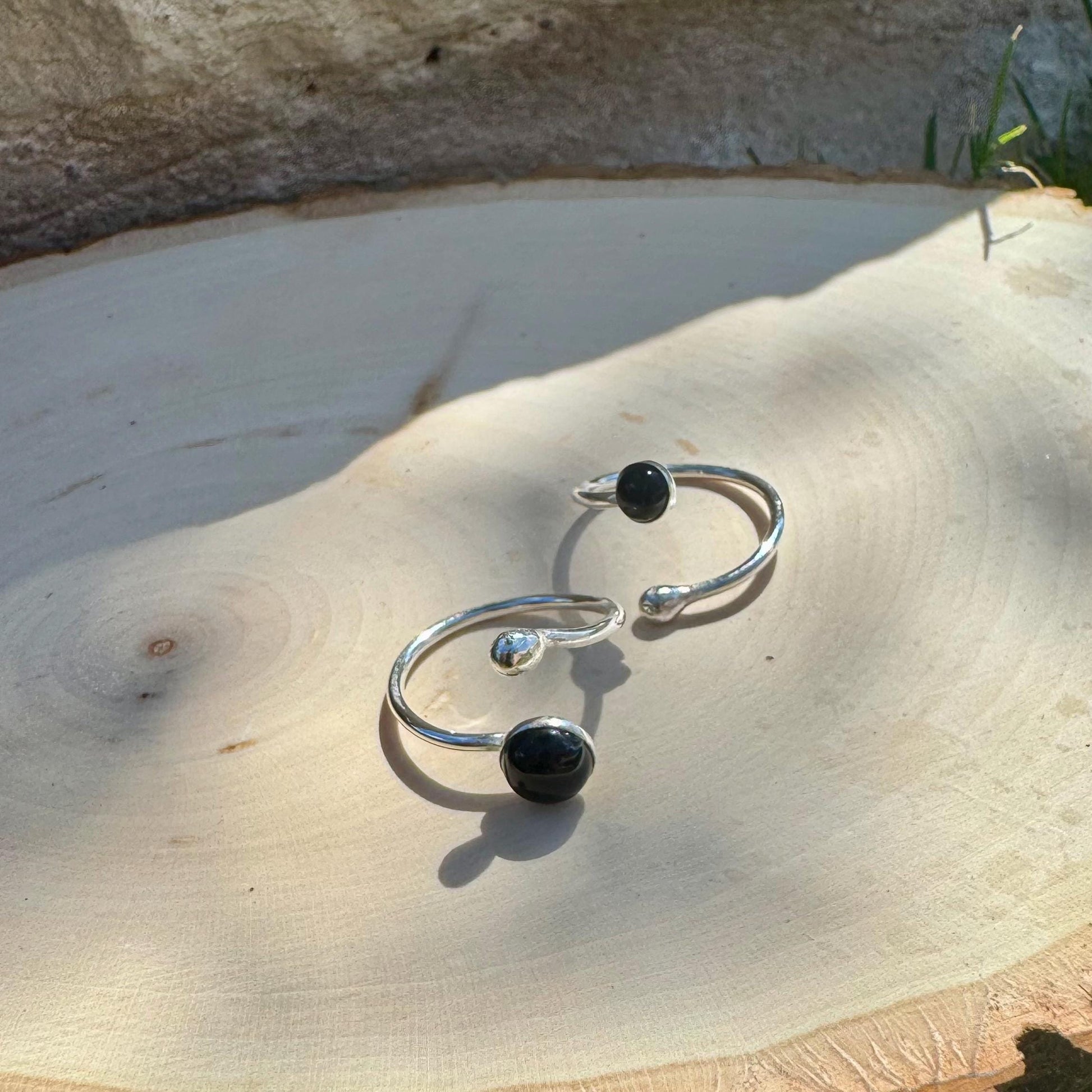 Sterling Silver Open Bezel Black Onyx Gemstone Ring, Handmade Adjustable Accent Ring, Turquoise Jewelry, 4mm or 6mm Option