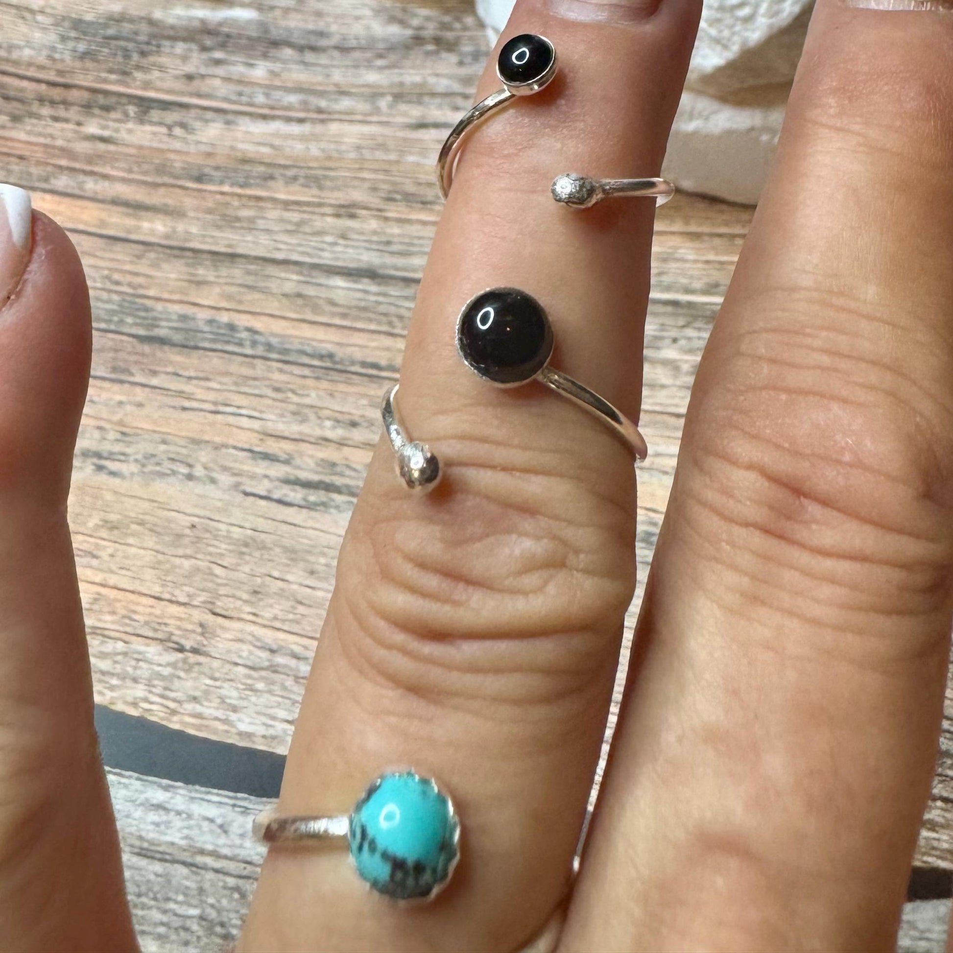 Sterling Silver Open Bezel Black Onyx Gemstone Ring, Handmade Adjustable Accent Ring, Turquoise Jewelry, 4mm or 6mm Option