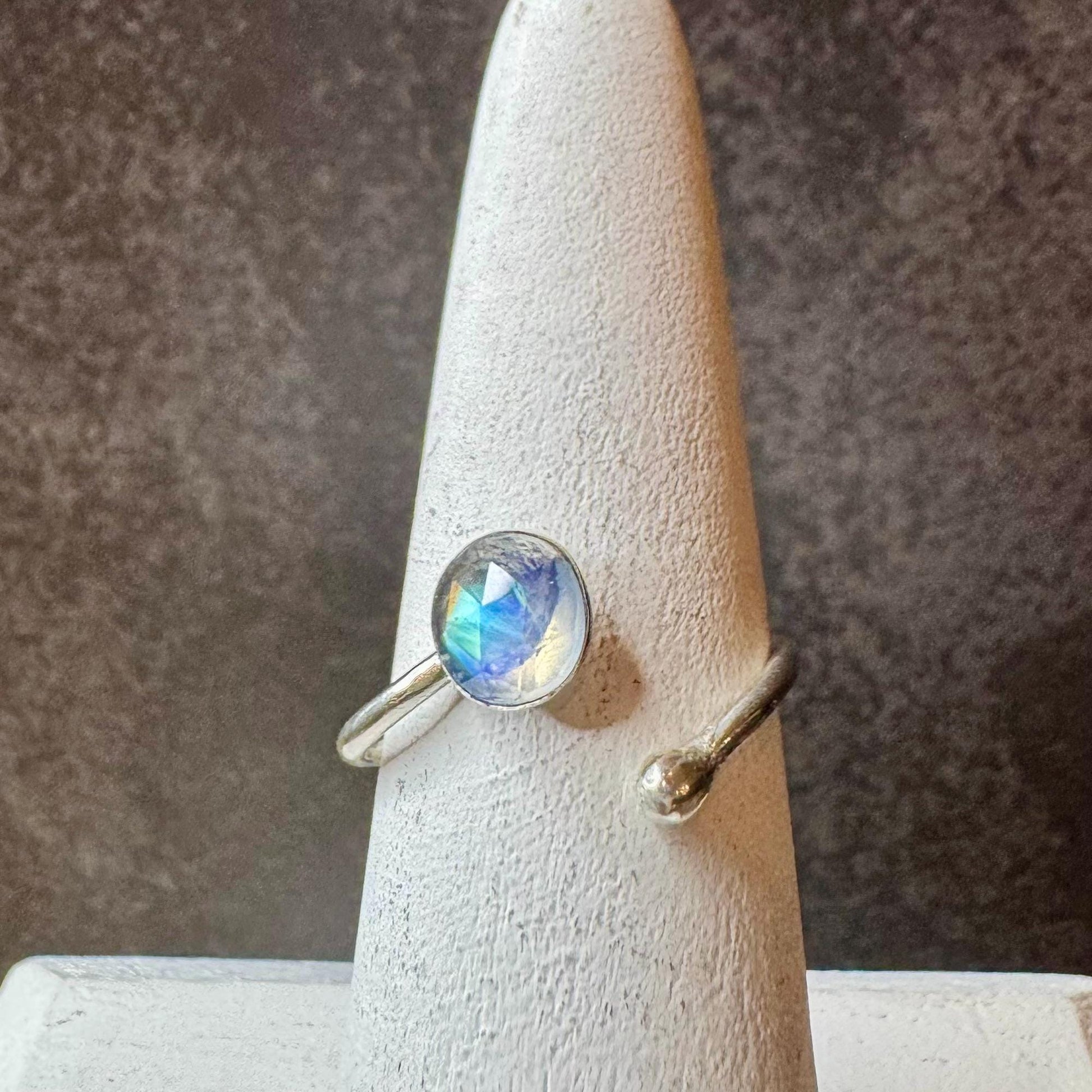 Sterling Silver Rainbow Moonstone Ring, Open Adjustable Ring, Ball End Accent, Gemstone Gift, Unique Gift