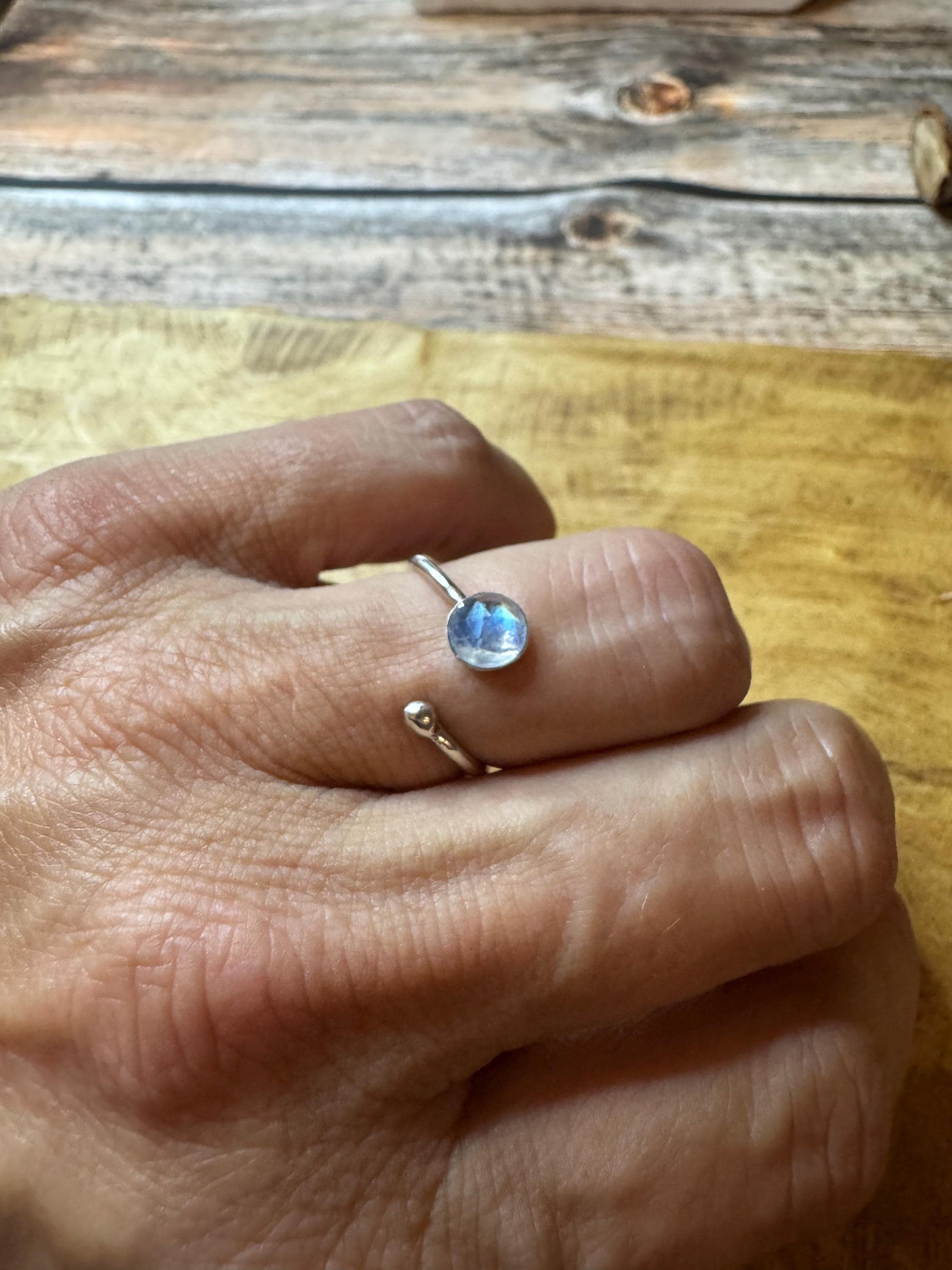 Sterling Silver Rainbow Moonstone Ring, Open Adjustable Ring, Ball End Accent, Gemstone Gift, Unique Gift