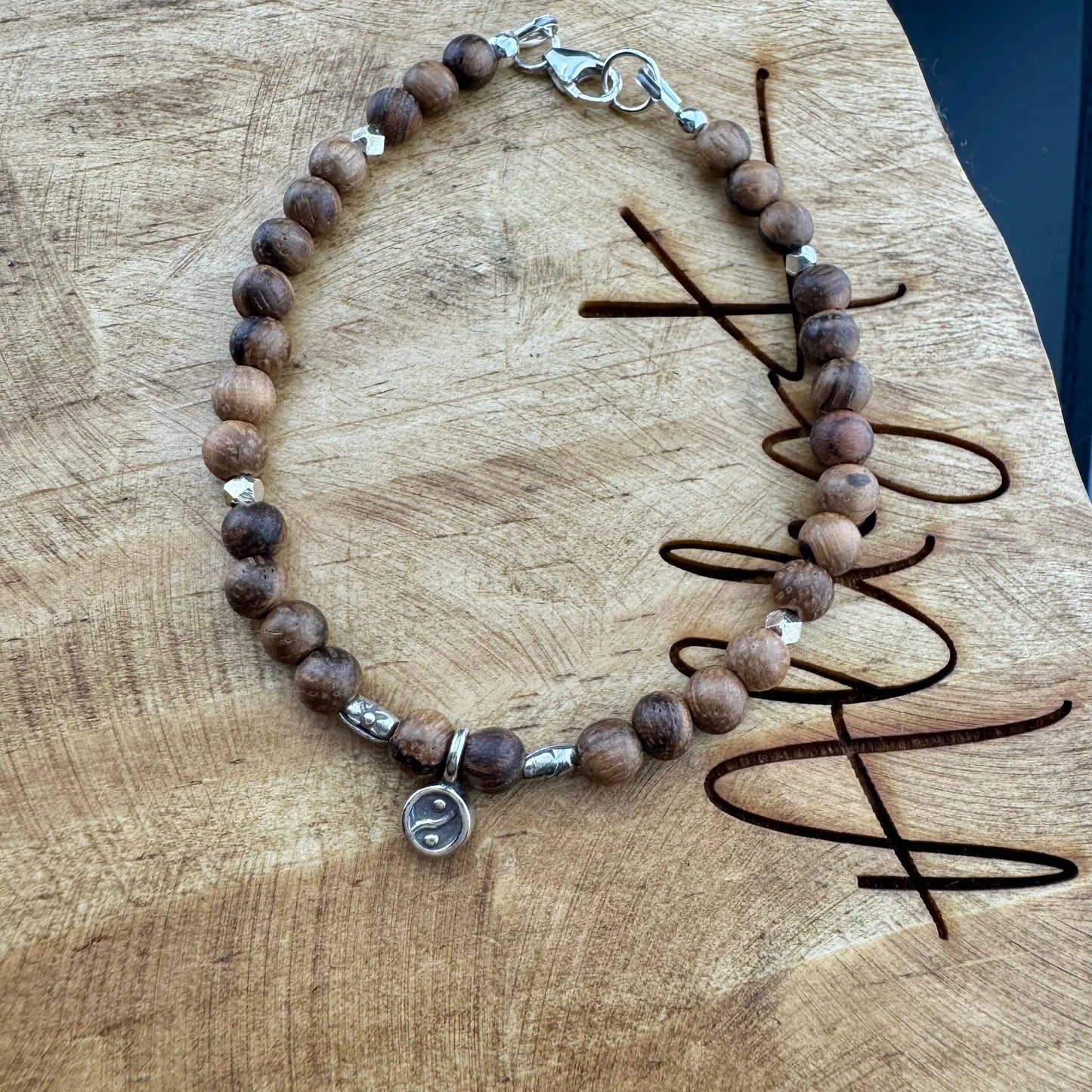 Sandalwood Tiger Skin Gemstone Sterling Silver Bracelet with Peace Charm