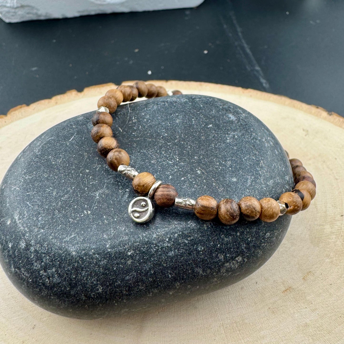 Sandalwood Tiger Skin Gemstone Sterling Silver Bracelet with Peace Charm