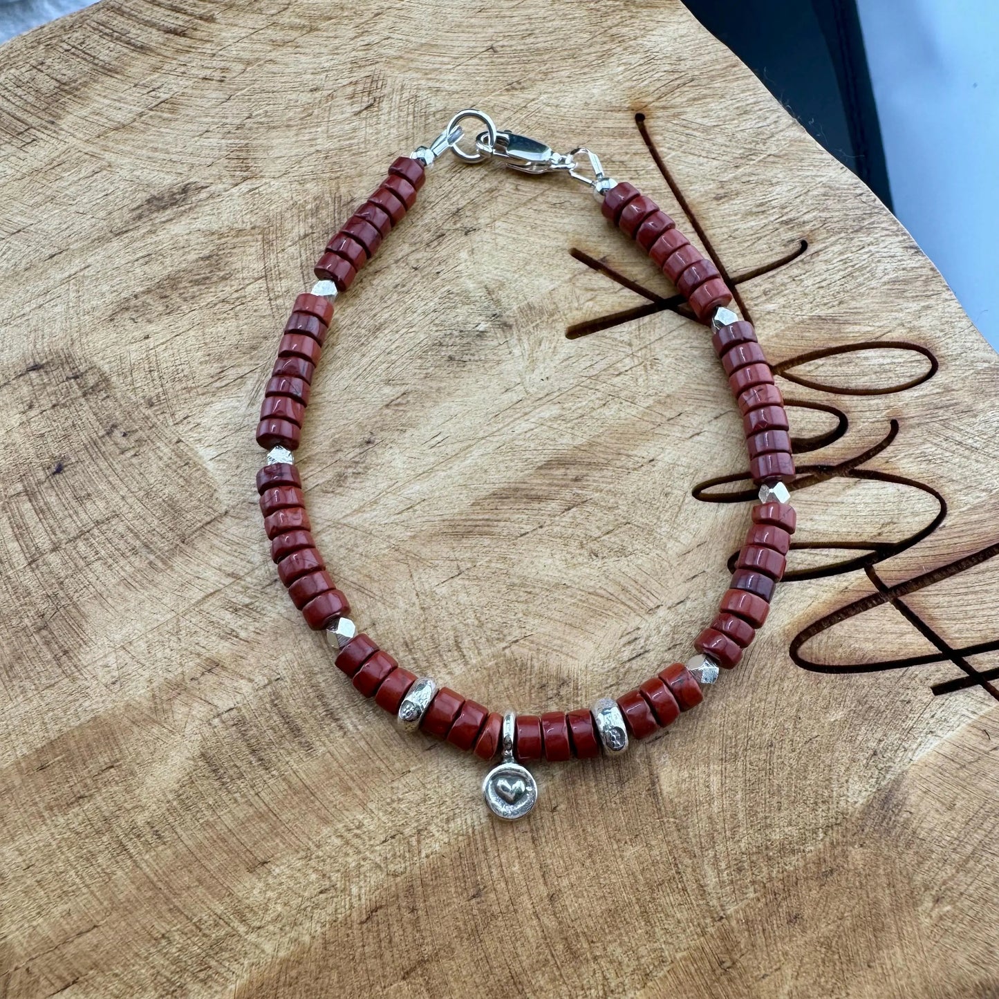 Red Jasper Sterling Silver Bracelet - Beaded Gemstone Jewelry