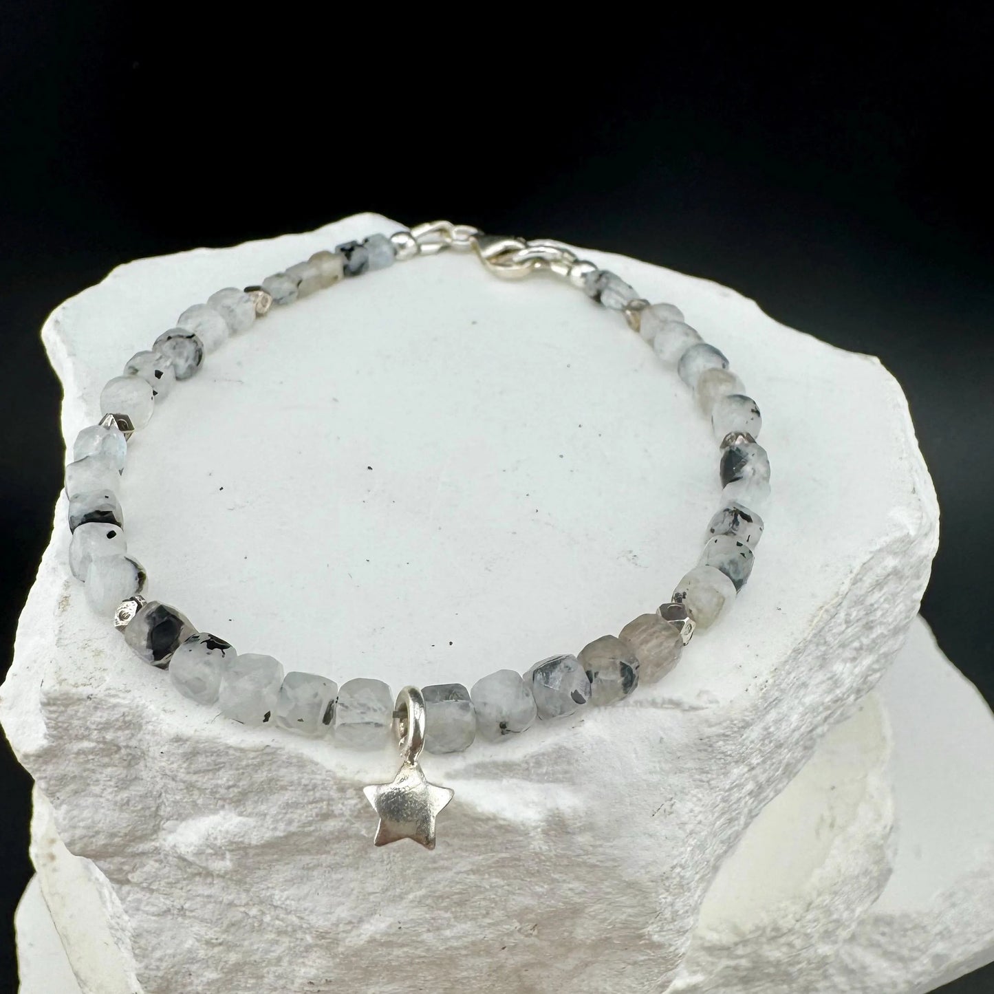 Rainbow Moonstone Sterling Silver Bracelet – Cube Beads with Star Charm | Stackable Gemstone Jewelry