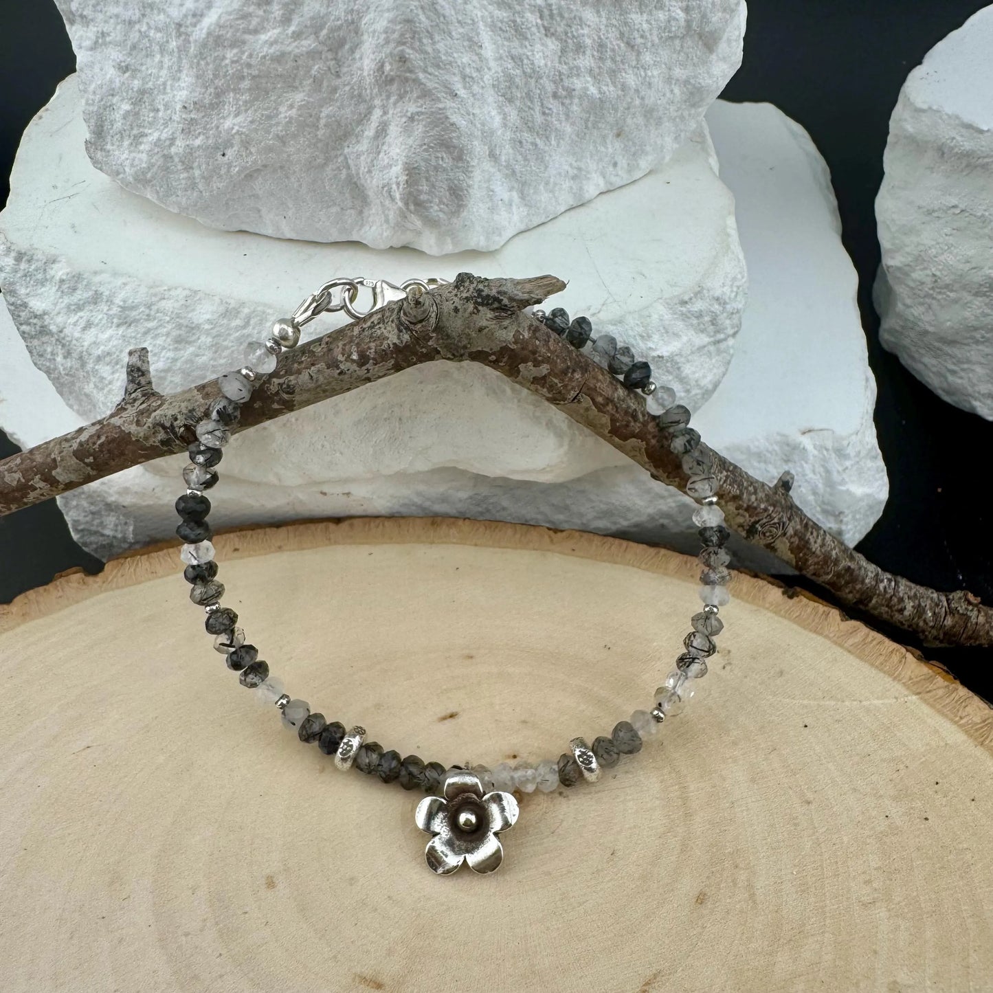 Black Tourmaline Rutilated Quartz Bracelet, Sterling Silver Gemstone Bracelet, Tourmaline Bracelet