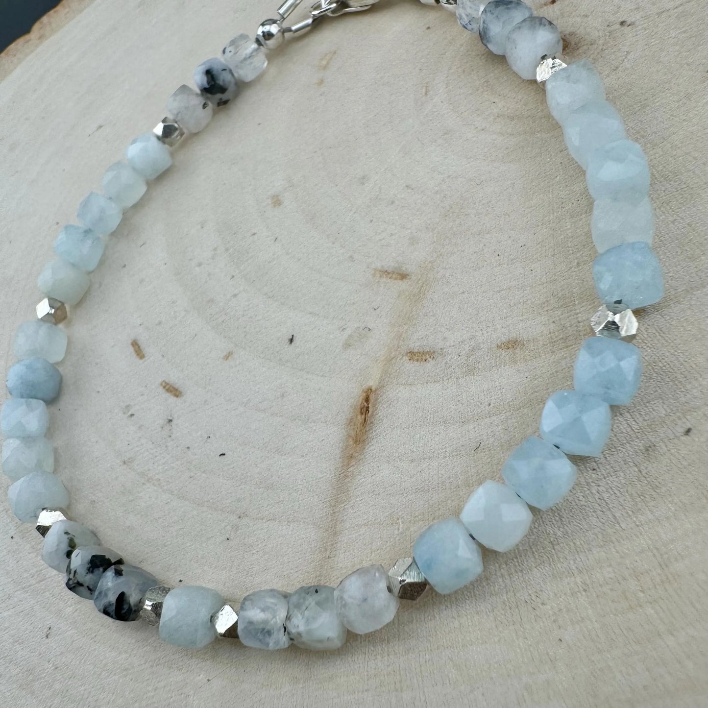 Aquamarine Lapis Moonstone Bracelet, Rainbow Moonstone Bracelet, Sterling Silver Beaded Gemstone Bracelet