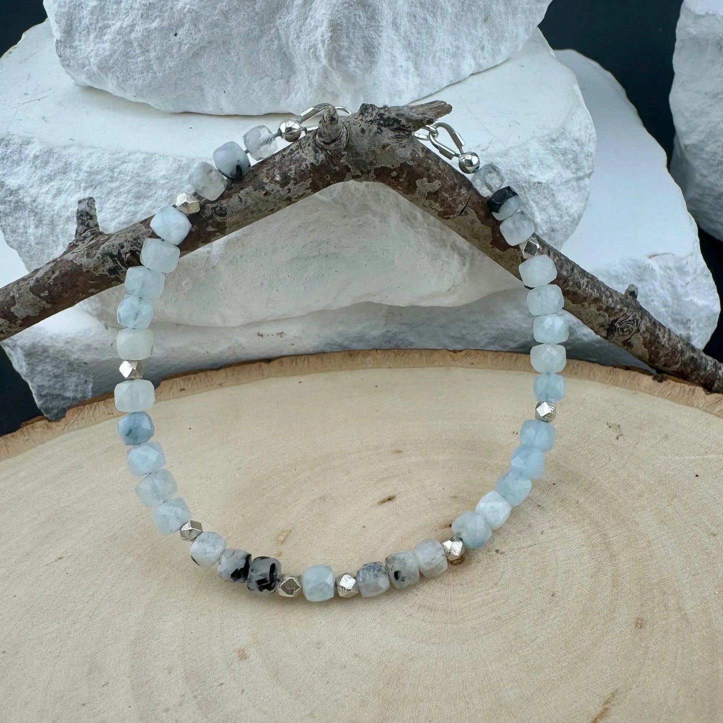 Aquamarine Lapis Moonstone Bracelet, Rainbow Moonstone Bracelet, Sterling Silver Beaded Gemstone Bracelet